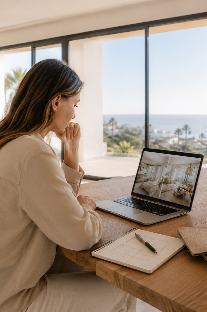 A woman sitting at a wooden desk, looking at a laptop displaying a split view of a furnished living room and dining area, with a notebook and pen on the desk and large windows showing a seaside view with palm trees.