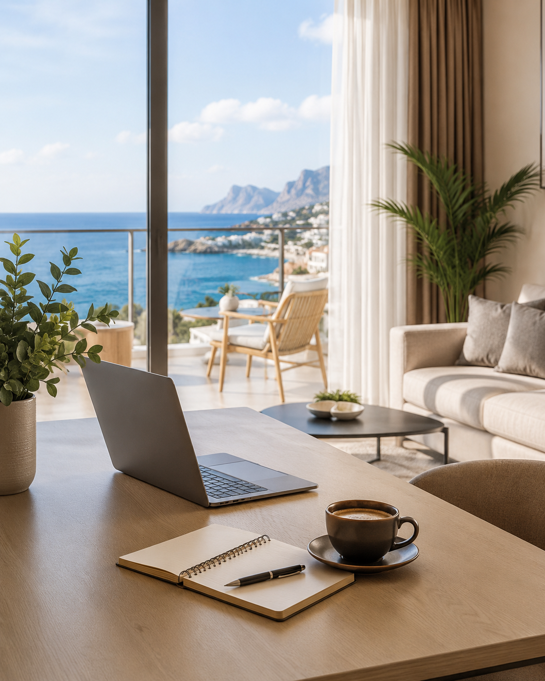 Laptop and notebook in a modern sea-view apartment for contacting Keyvant property support in North Cyprus.