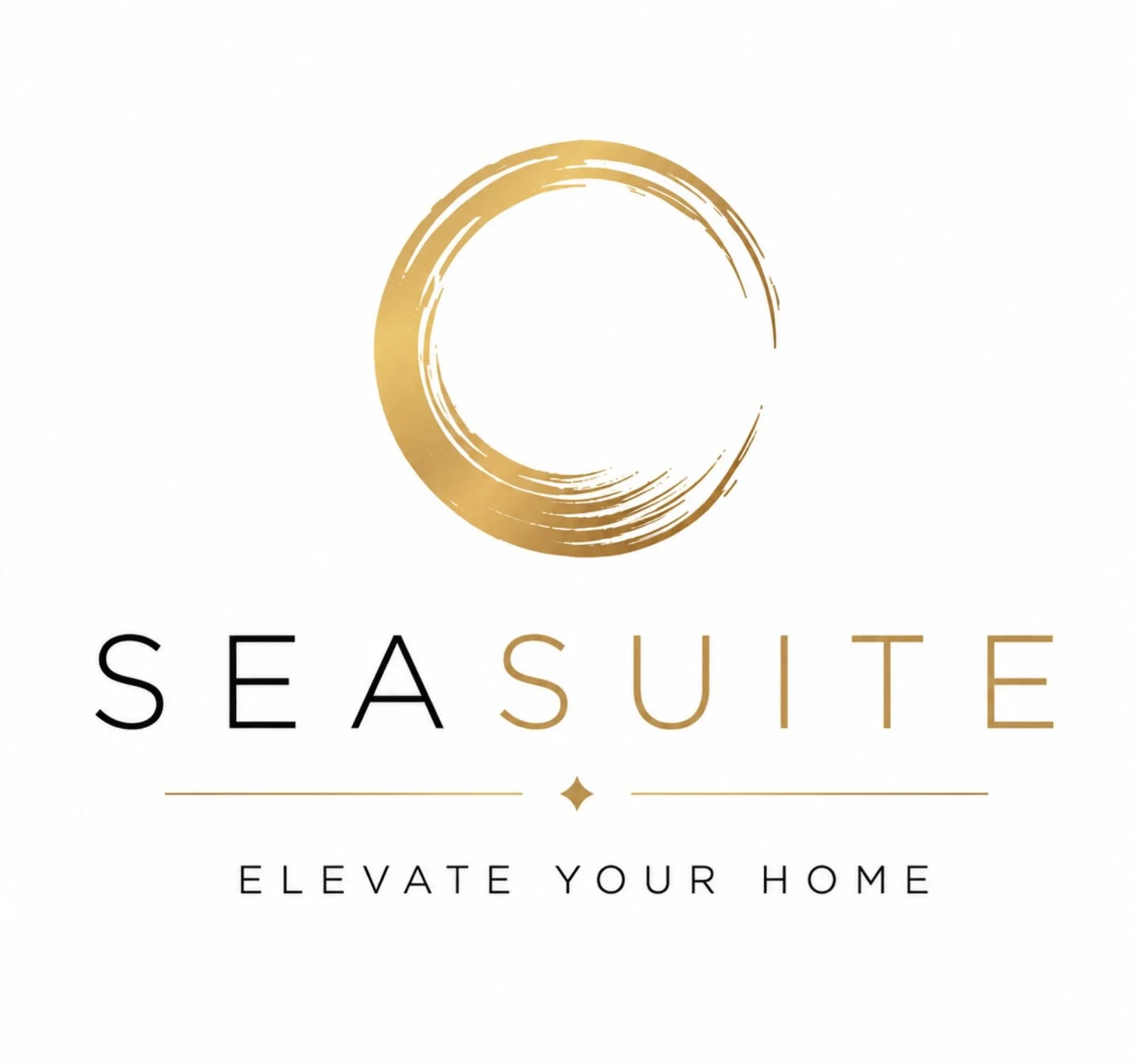 Gold circular brushstroke logo with the text 'Sea Suite' and the tagline 'Elevate your home' underneath.