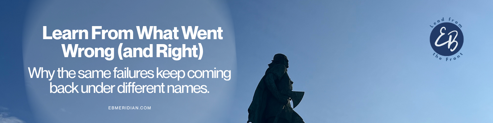 A person wearing a coat and hat, standing against a blue sky with clouds, holding a book or tablet, with text overlay about learning from mistakes on a website.