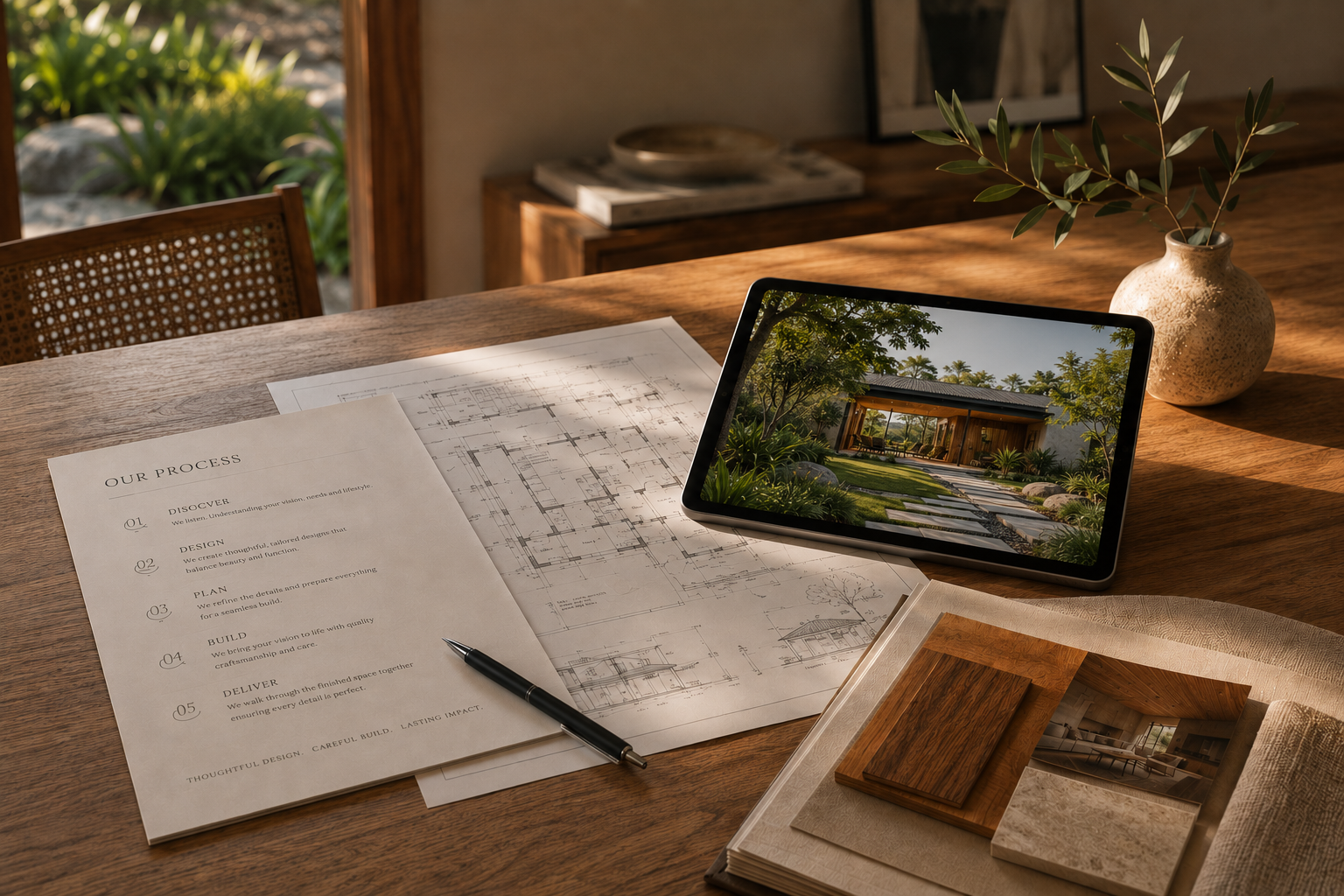 A wooden desk with architectural blueprints, design documents, a pen, a tablet displaying a modern house exterior, a color sample book, and a vase with green leaves.