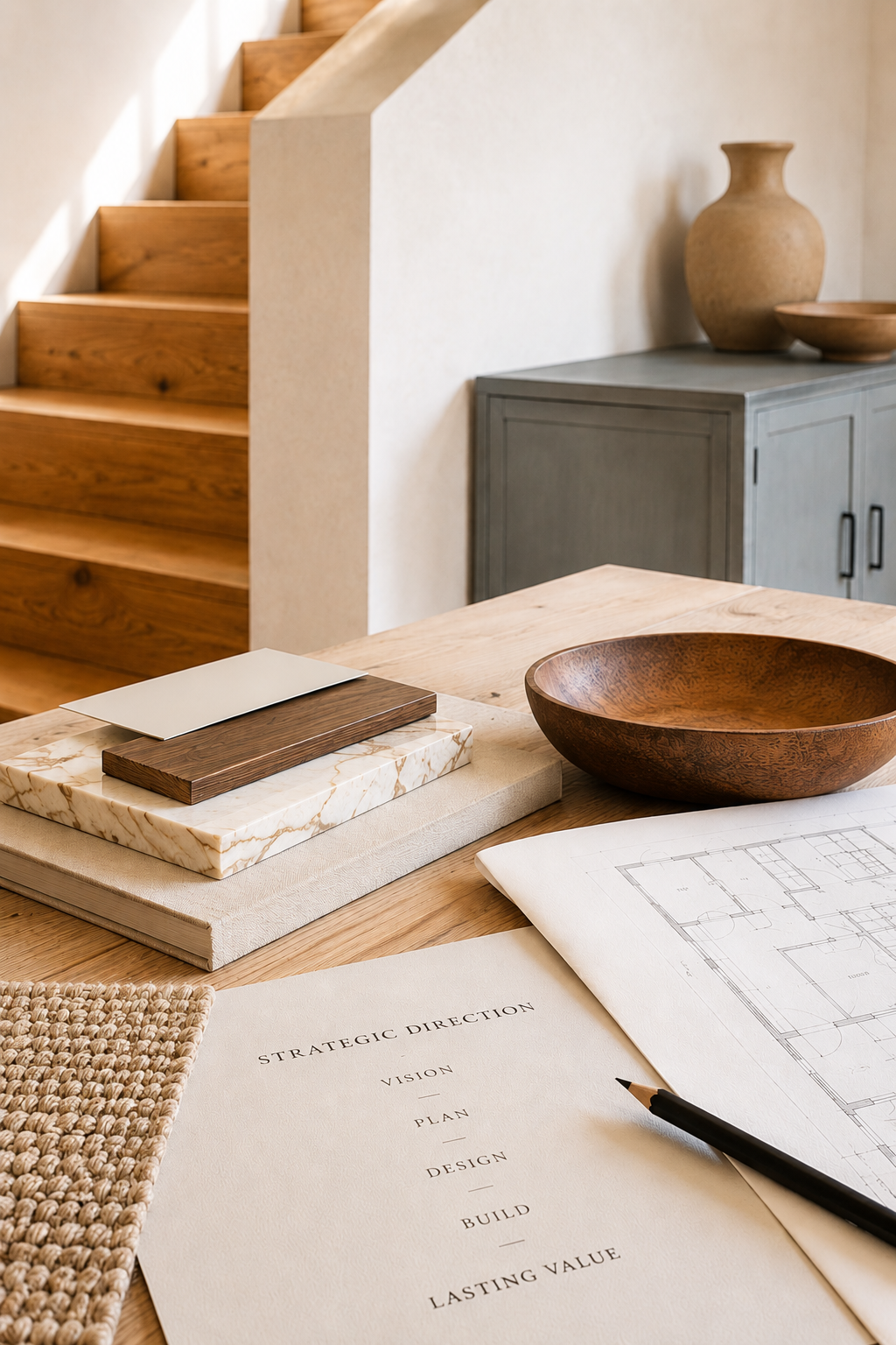Interior workspace with wooden stairs, grey cabinet, ceramic vases, wooden bowl, fabric swatches, architectural plans, and a document titled "Strategic Direction".