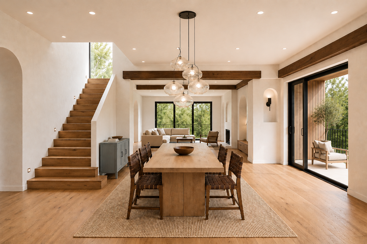 Open-concept living and dining room with wooden flooring, a large dining table with eight chairs, a beige sofa, armchair, and a balcony with outdoor seating visible through sliding glass doors.