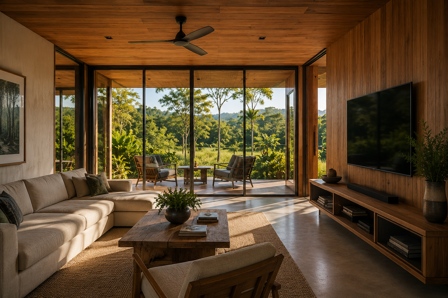 Living room with beige sectional sofa, wooden coffee table, and a view of a lush green outdoor landscape through large glass sliding doors.