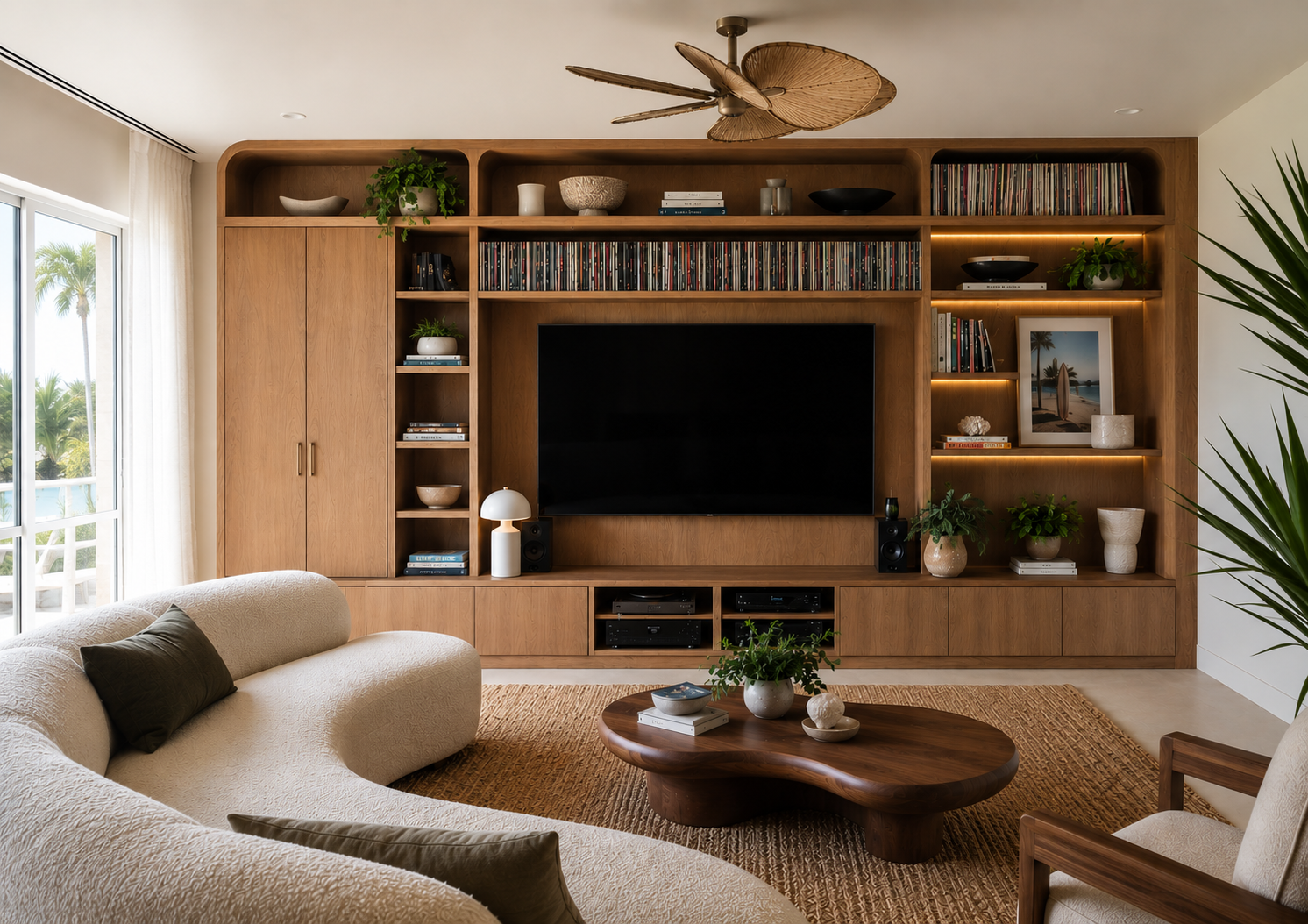 Living room with built-in wooden entertainment center, flat-screen TV, bookshelf, potted plants, decorative items, white curved sofa with pillows, wooden coffee table, and large window with outdoors view of palm trees.