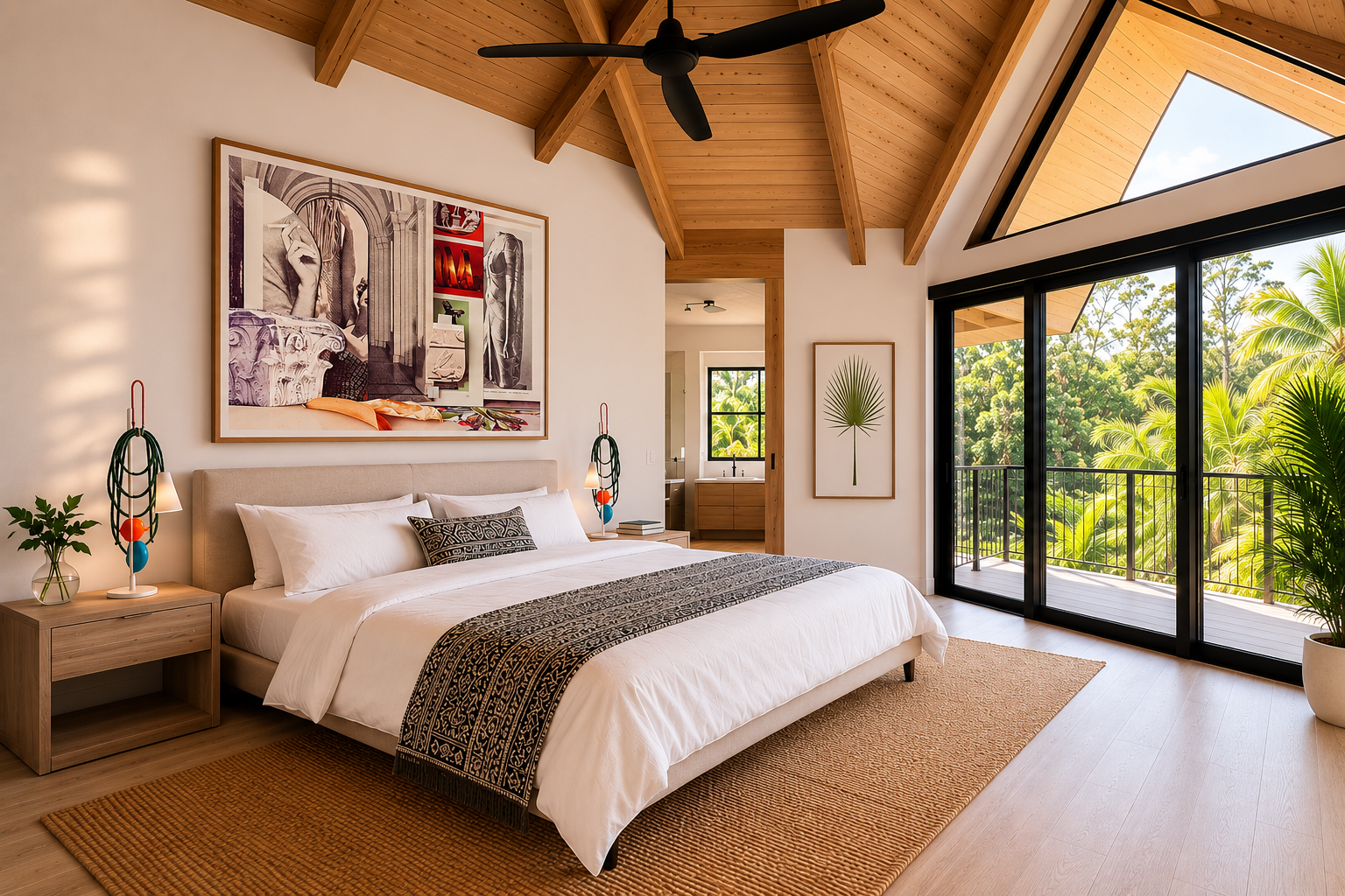 Bedroom with a large bed, decorative pillows, and a black blanket runner, flanked by two nightstands with lamps, a ceiling fan, large windows with sliding doors opening to a balcony surrounded by greenery, wooden ceiling with exposed beams, wall art, and a framed palm leaf print.