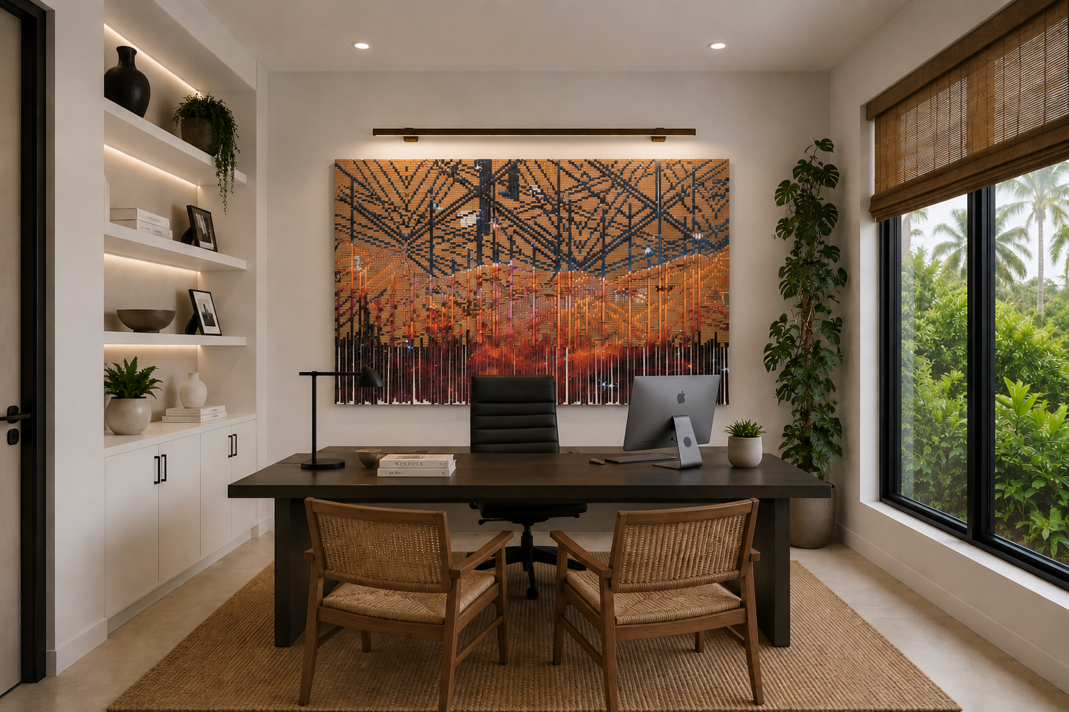 Modern office with black desk, two chairs, and a black leather office chair. Wall art behind the desk depicts a colorful abstract tree design. Large window on right shows greenery outside. White bookshelf with decorative items on left.