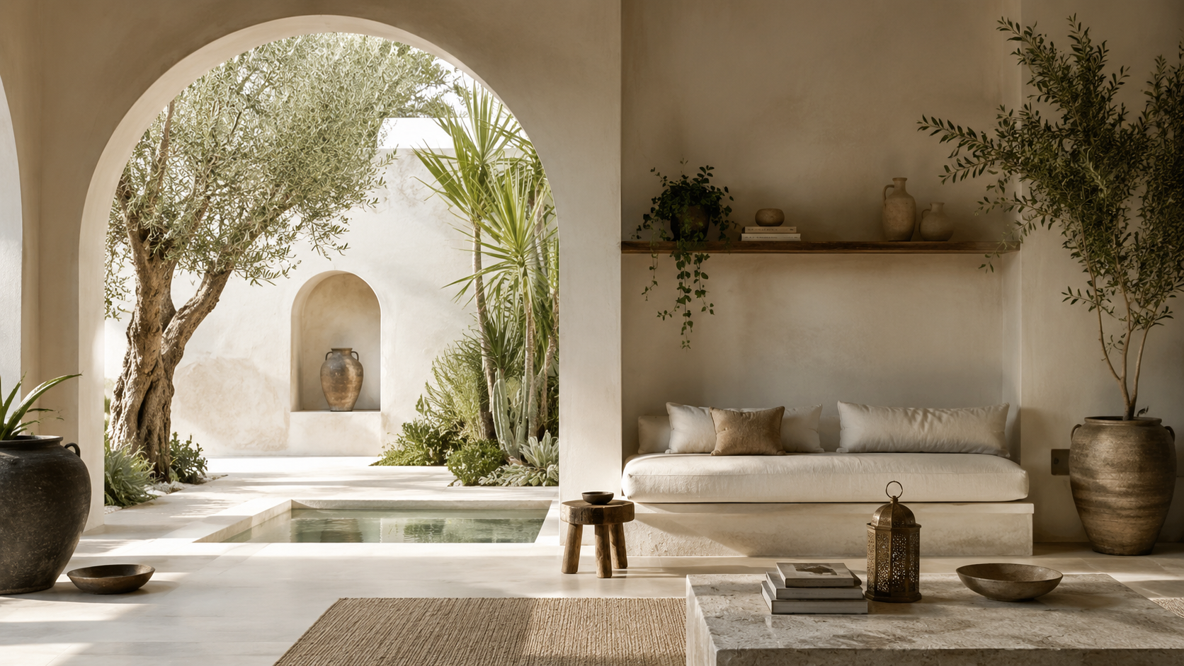 Interior of a minimalist, Mediterranean-style living space with neutral tones. It features a built-in sofa with white cushions, large potted plants, and decorative objects like vases and books. An arched opening reveals a courtyard garden with trees, plants, and a small pool, illuminated by natural sunlight.
