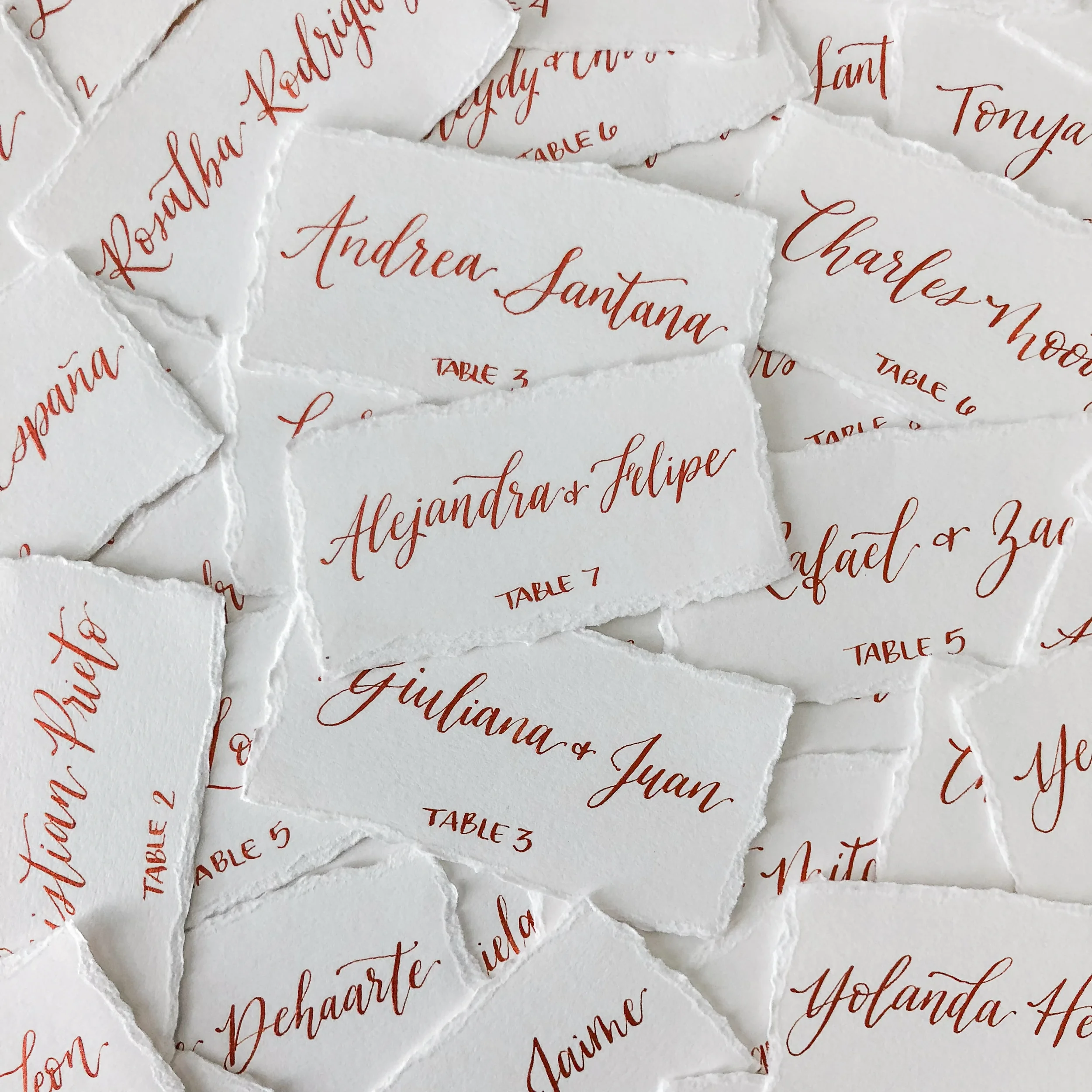 White deckled edge paper escort cards with metallic copper calligraphy ink.