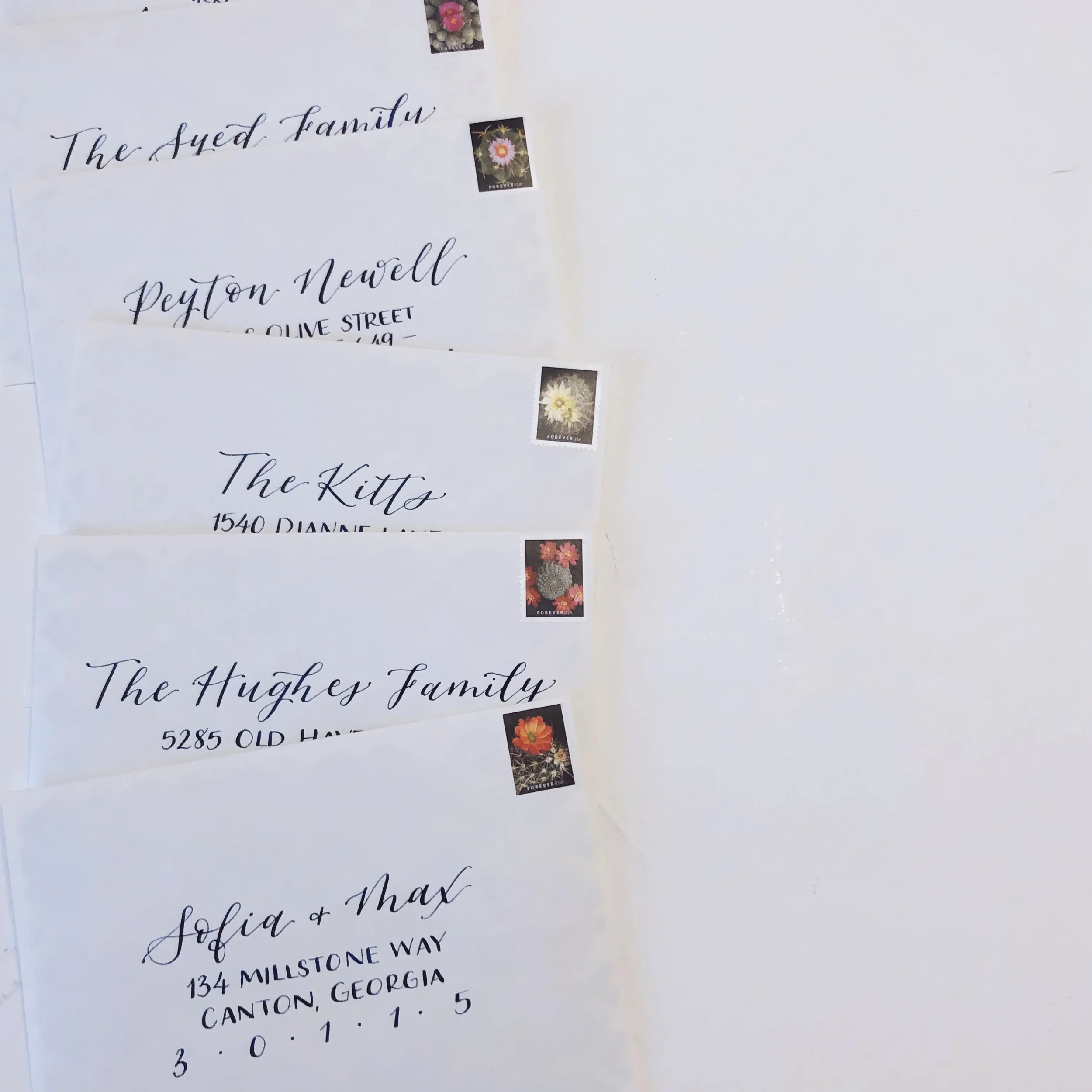 Bring a fresh, contemporary touch to your wedding mail with a clean white calligraphy envelope. Pairing a casual, fluid modern script for the names with a highly structured, widely spaced block layout for the address, this design is perfect for chic 