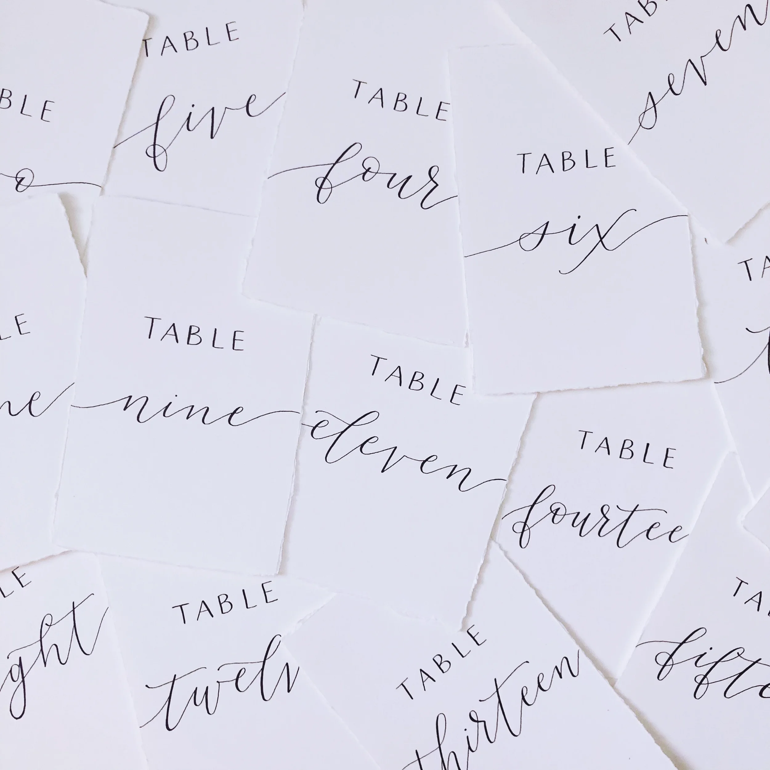 Add fine-art texture to your reception tables with deckled-edge paper table numbers. Featuring hand-lettered cursive script on torn-edge white cardstock, these minimalist cards offer an understated, romantic look for classic or garden-style weddings.