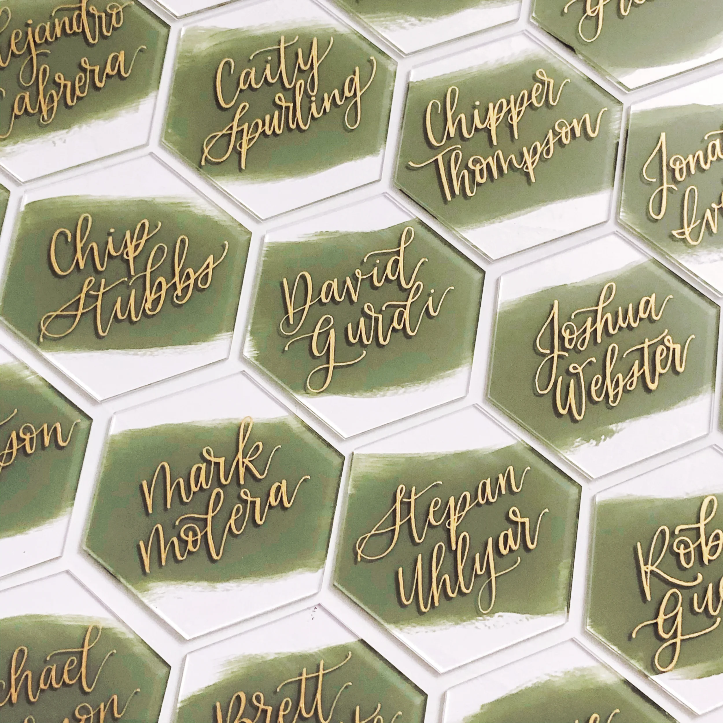 Painted back acrylic hexagon place cards in sage with gold ink calligraphy.