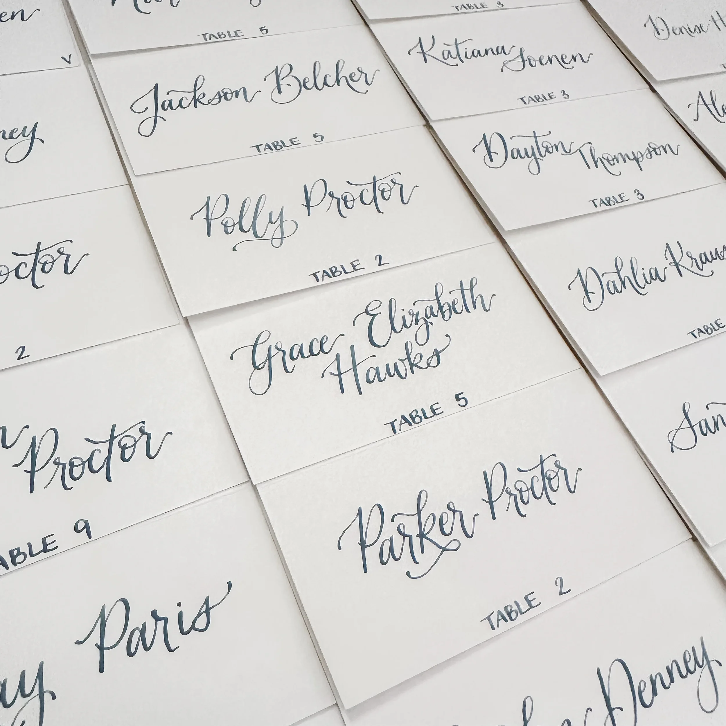 Dark dusty blue calligraphy script place cards on white tented cards.