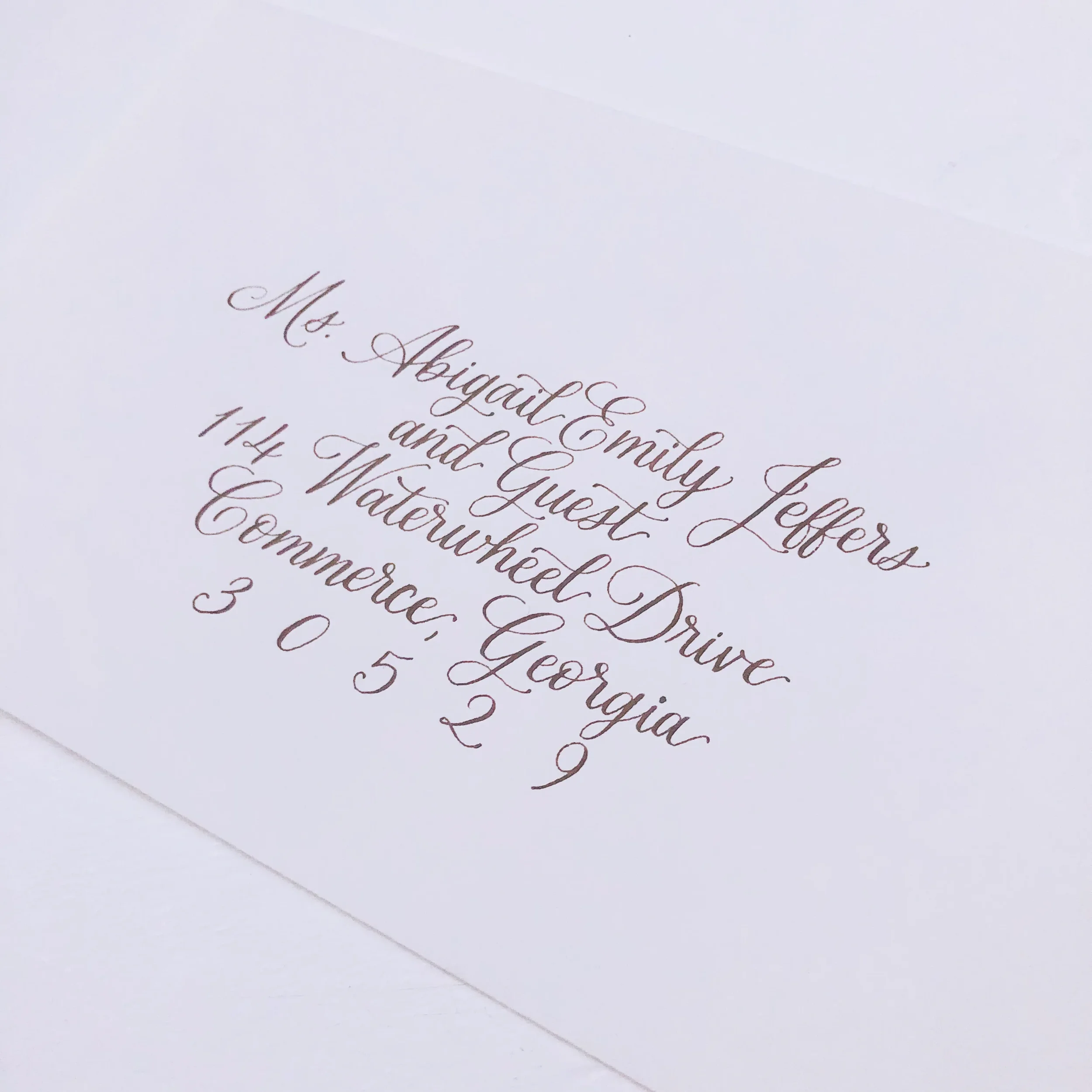 Classic hand-lettered guest envelope featuring traditional copperplate-style walnut brown ink calligraphy script.