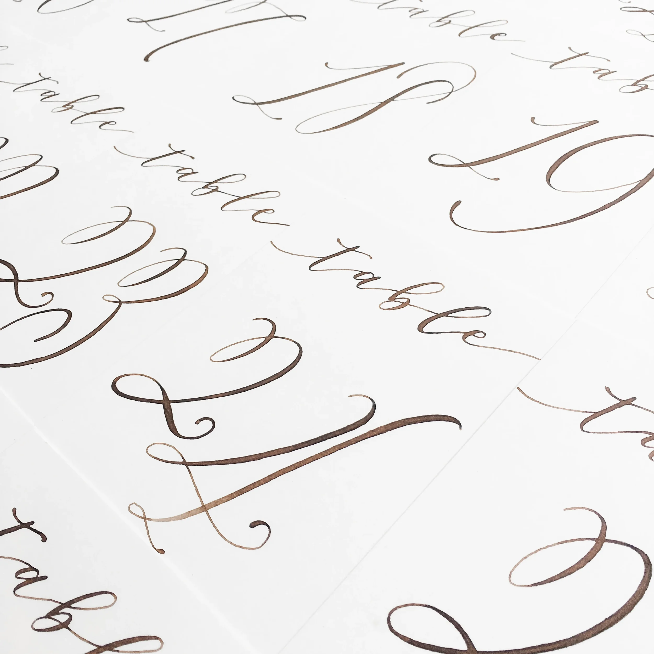 Elegant calligraphed wedding table numbers printed on clean white paper in walnut brown calligraphy ink.