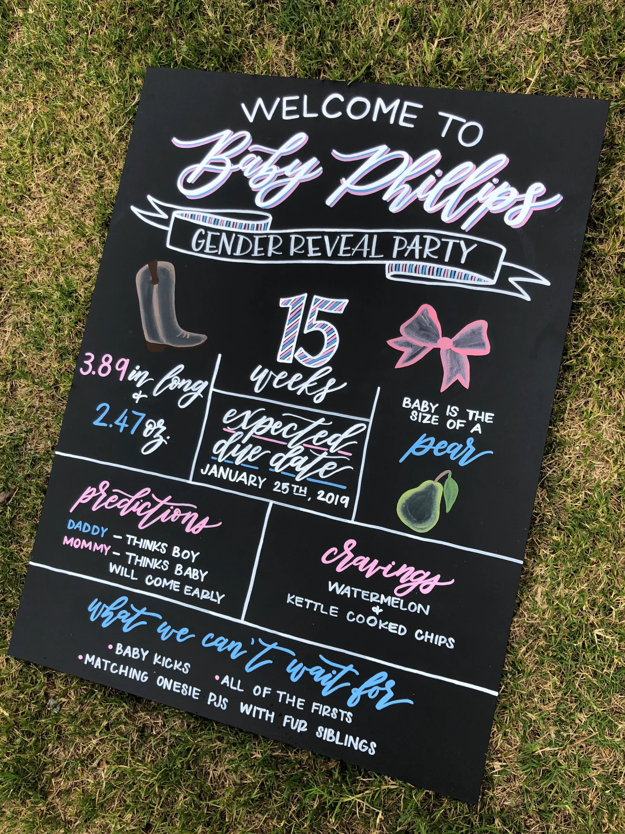 Colorful chalk milestone board for a backyard baby gender reveal welcome display.