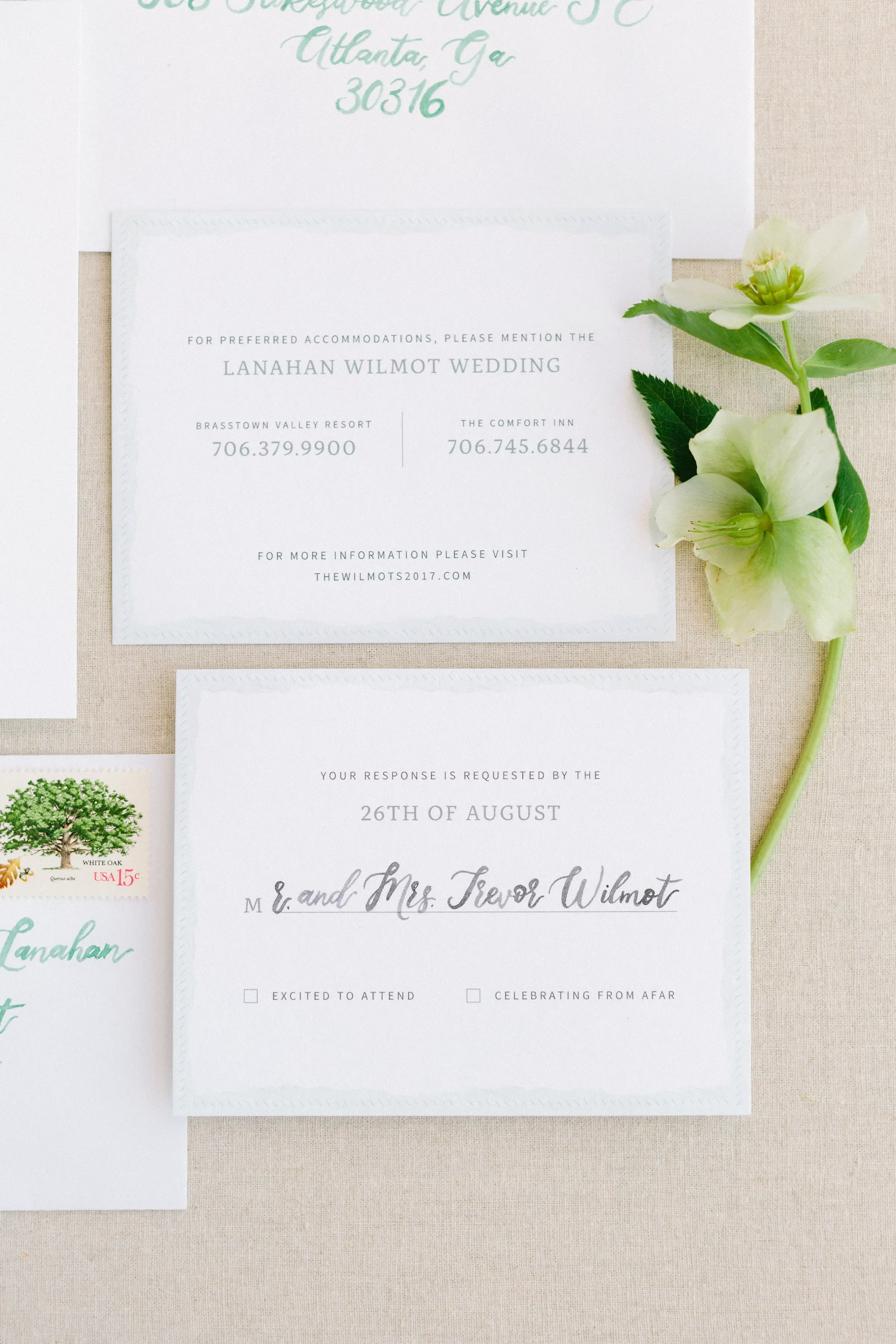 Watercolor envelope addressing and RSVP card for wedding.