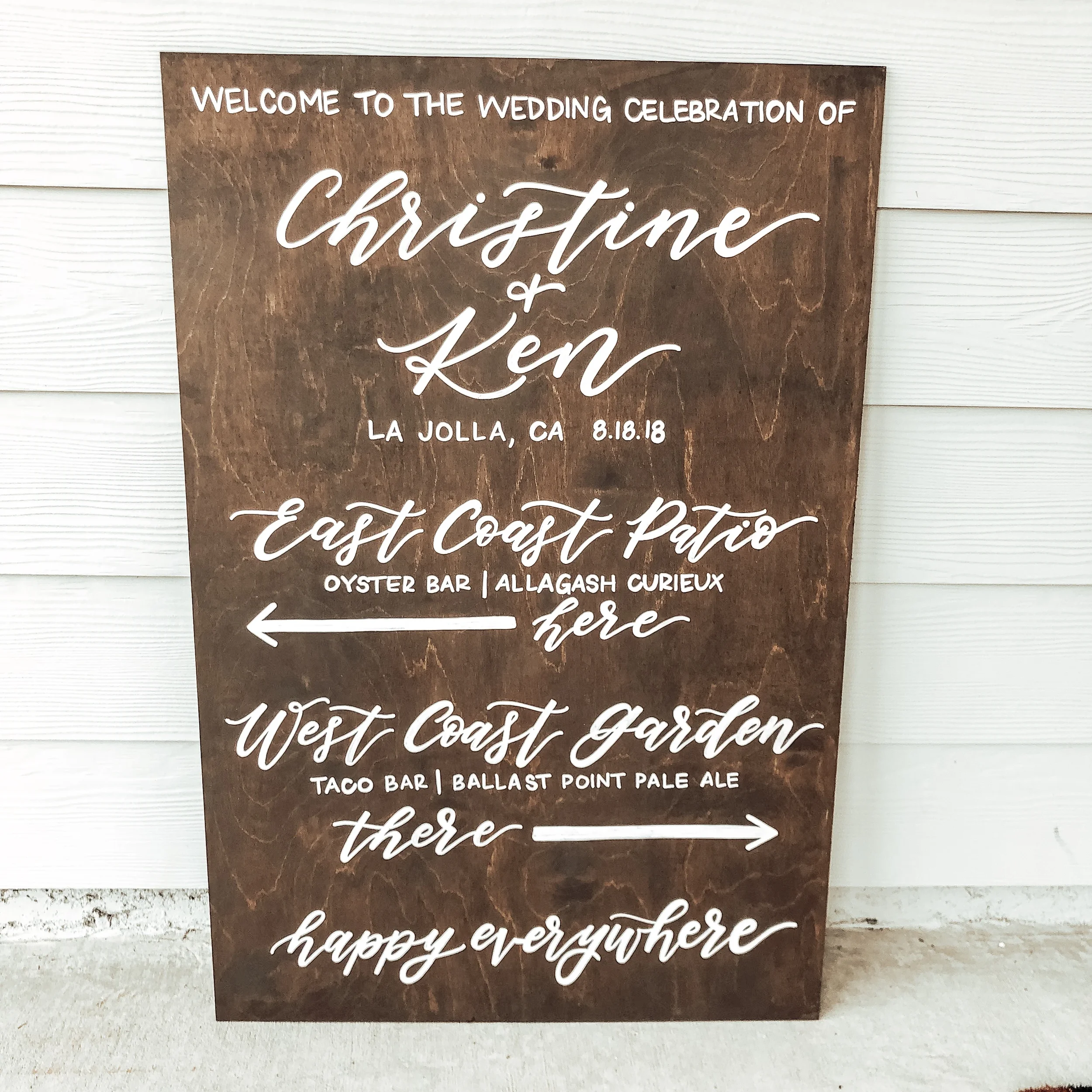 Direct and welcome guests in a single cohesive display with a multi-purpose wooden wayfinding sign. Featuring custom white script for guest directions to distinct event areas like cocktail lawns and reception tents, this dark stained board keeps your