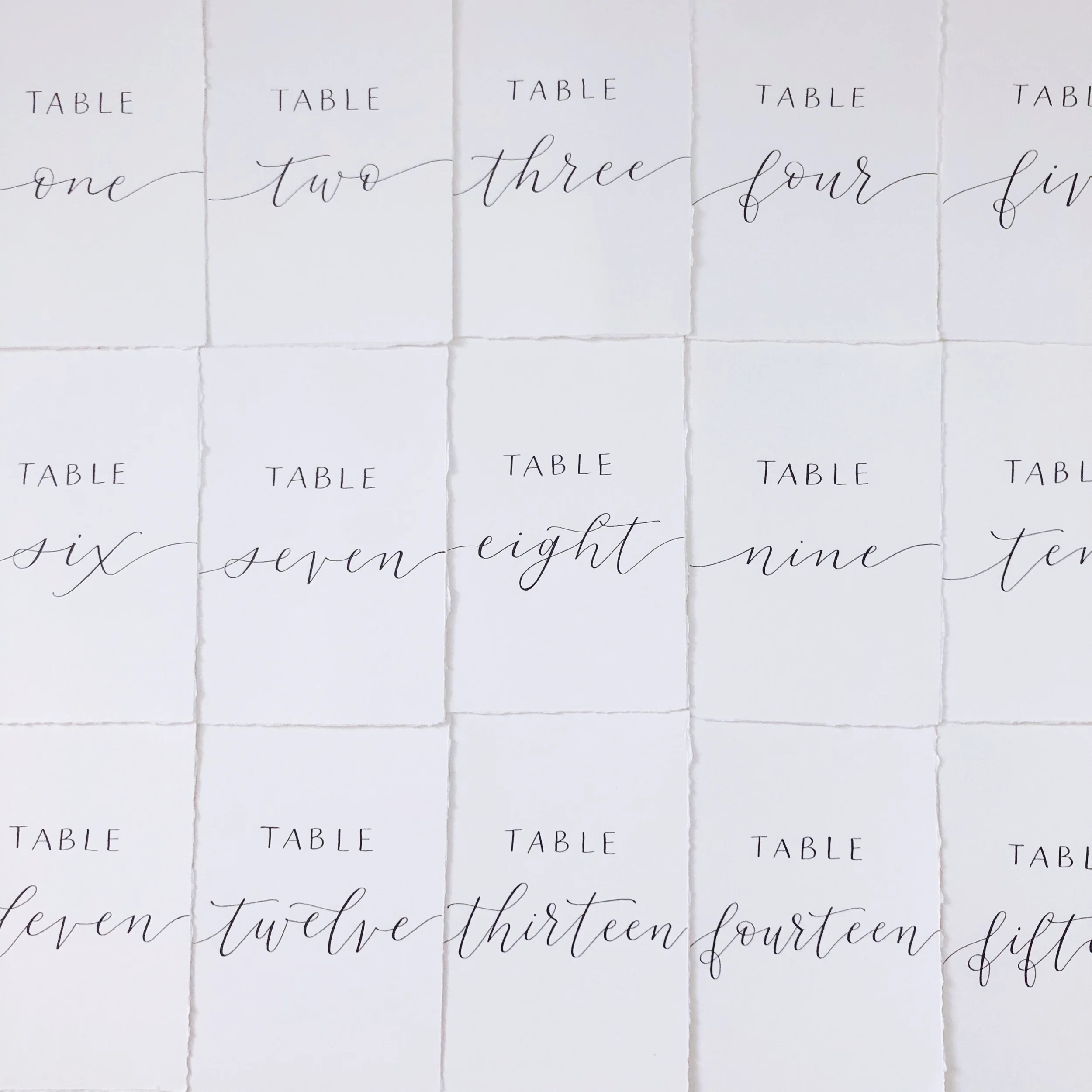 Add fine-art texture to your reception tables with deckled-edge paper table numbers. Featuring hand-lettered cursive script on torn-edge white cardstock, these minimalist cards offer an understated, romantic look for classic or garden-style weddings.