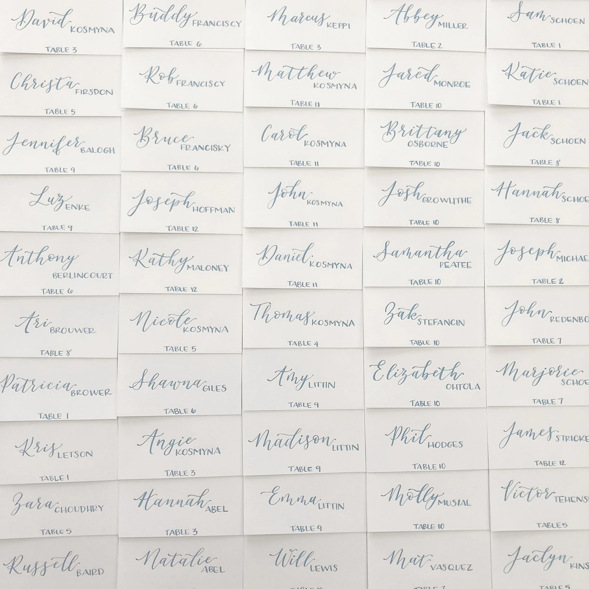 Bring a soft, cohesive splash of color to your seating presentation with an array of hand-lettered escort cards. Written in a romantic dusty blue calligraphy ink, this uniform grid of clean white folded cards offers an organized, easily scannable lay