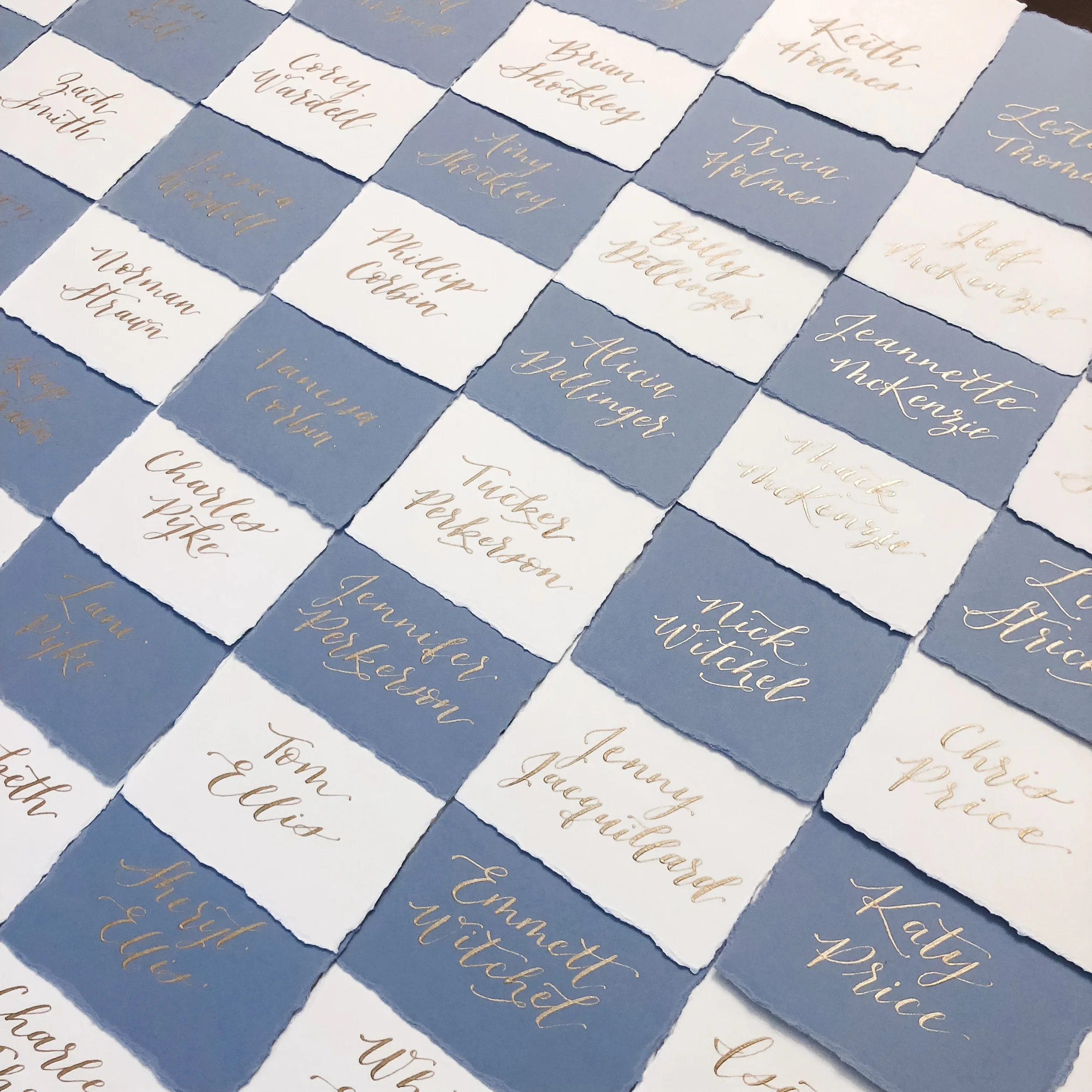 Alternating grid of dusty blue and off-white deckled-edge place cards featuring guest names in metallic gold calligraphy script.
