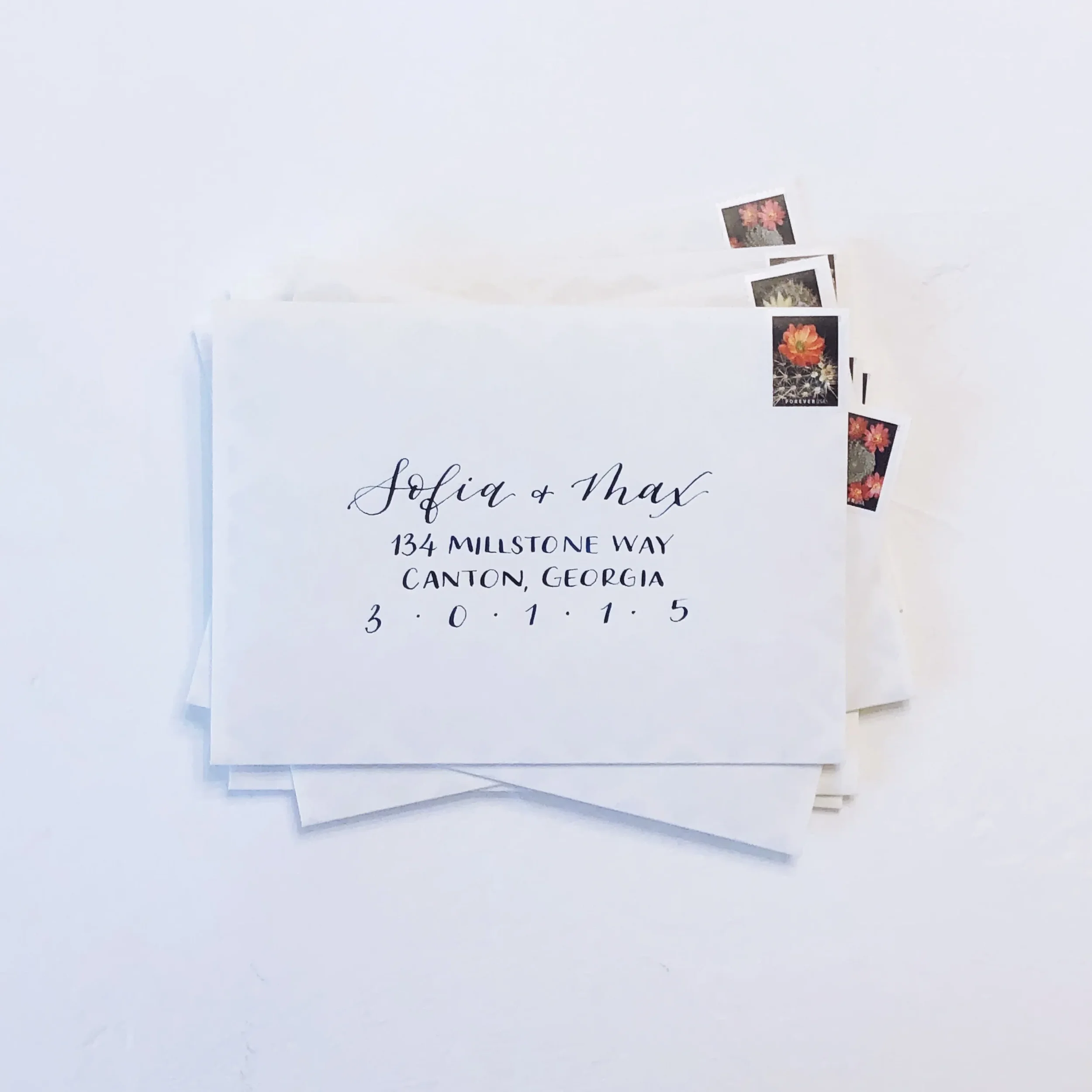 Clean white guest envelope addressed to Canton, Georgia with custom handwriting and vintage botanical stamps.