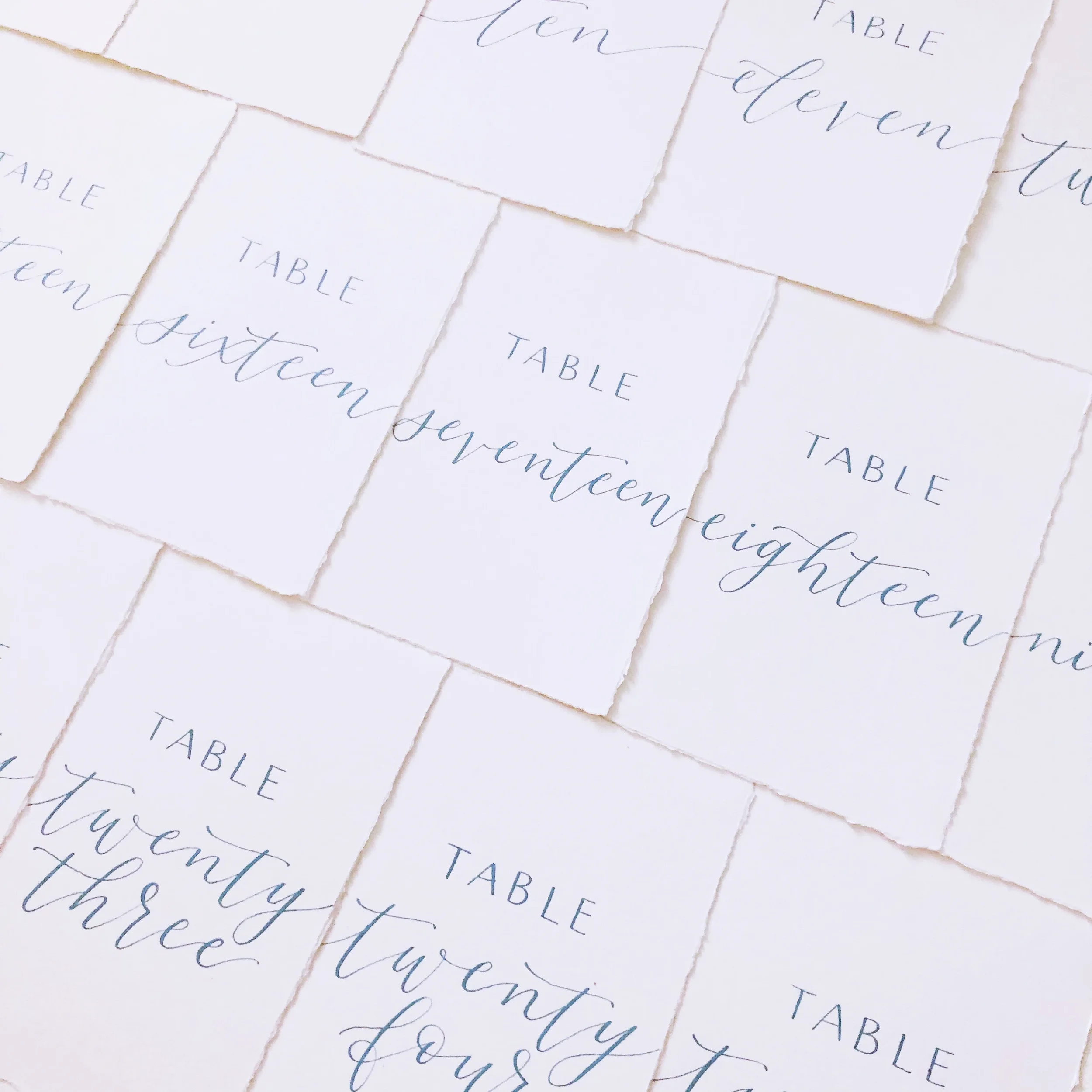 White cardstock table numbers written in dusty blue calligraphy script.