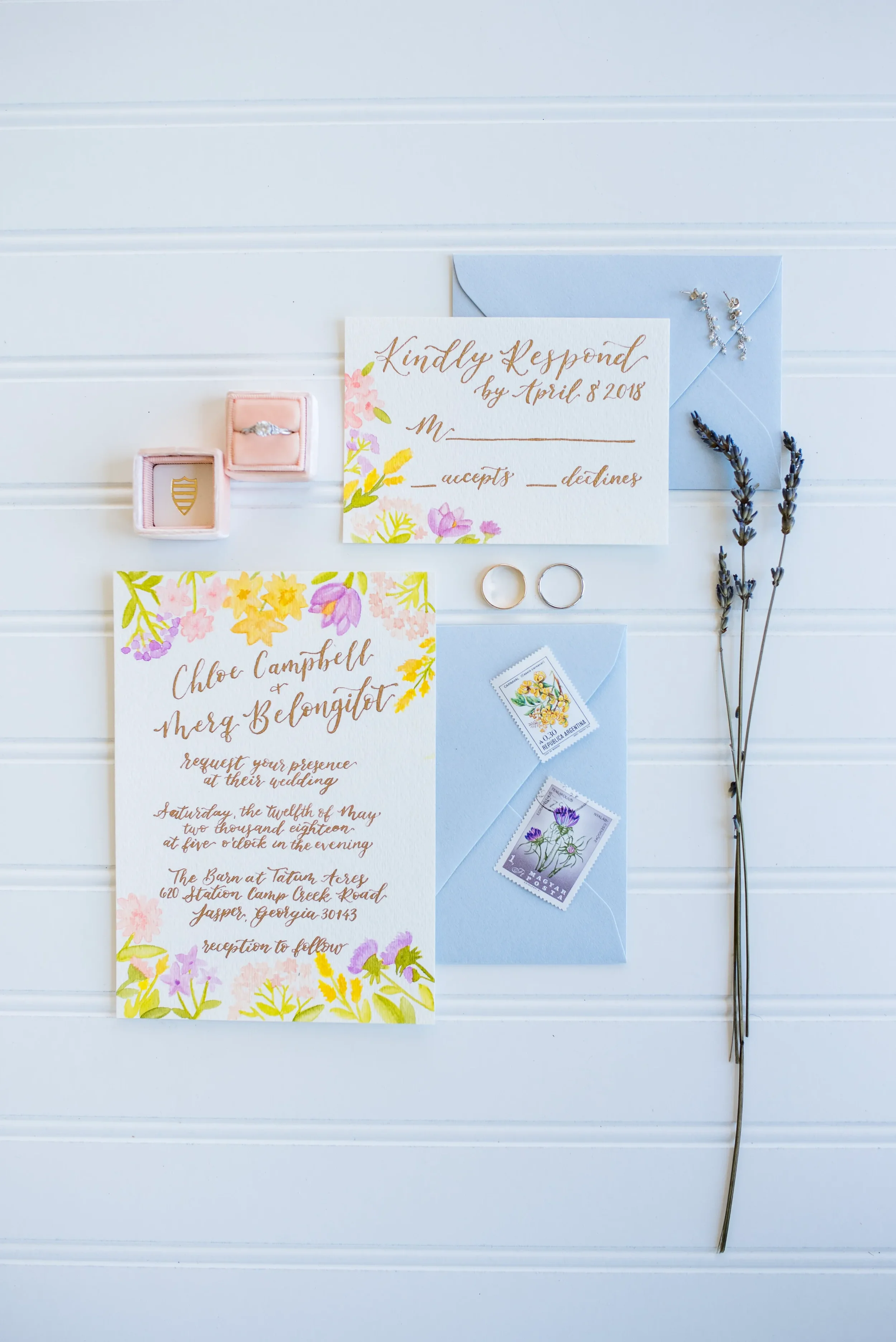 Custom watercolor day of wedding invitations for a romantic countryside celebration in North Georgia.