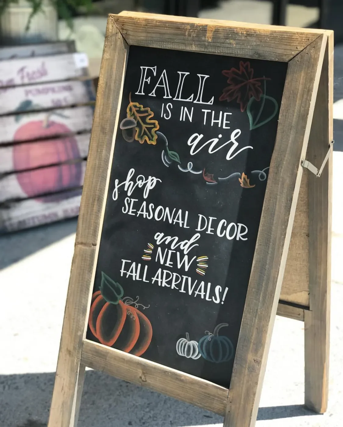 Wooden A-frame sidewalk chalkboard sign reading "Fall is in the Air" outside a boutique shop.