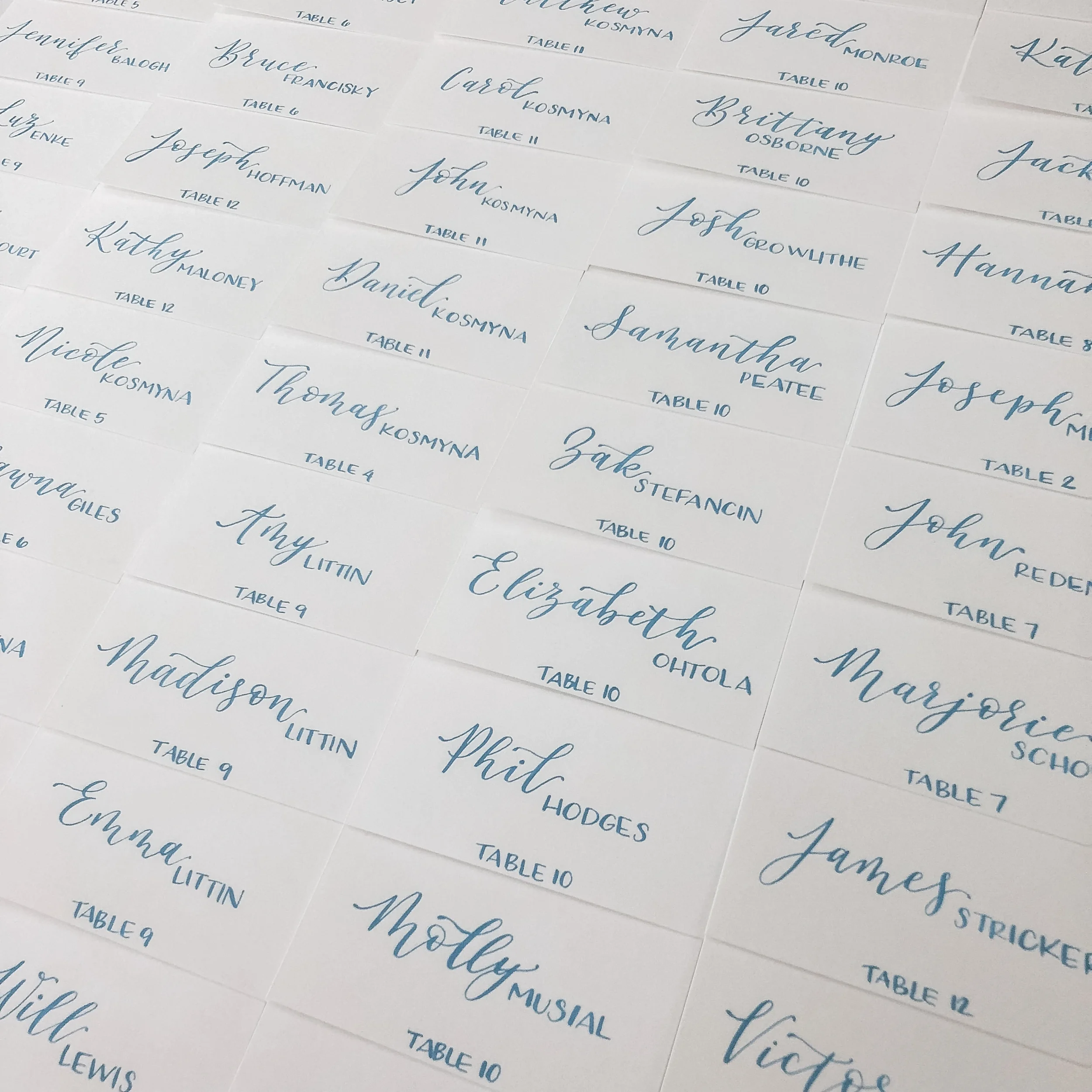 Large grid array of white folded wedding escort cards calligraphed in soft dusty blue script ink.
