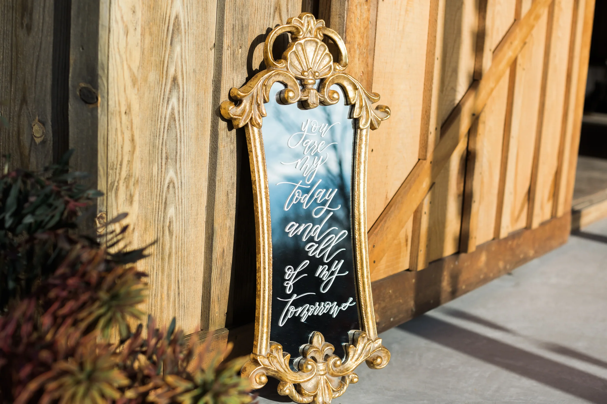 Narrow ornate gold framed mirror featuring hand-lettered white script reading "You are my today and all of my tomorrows".