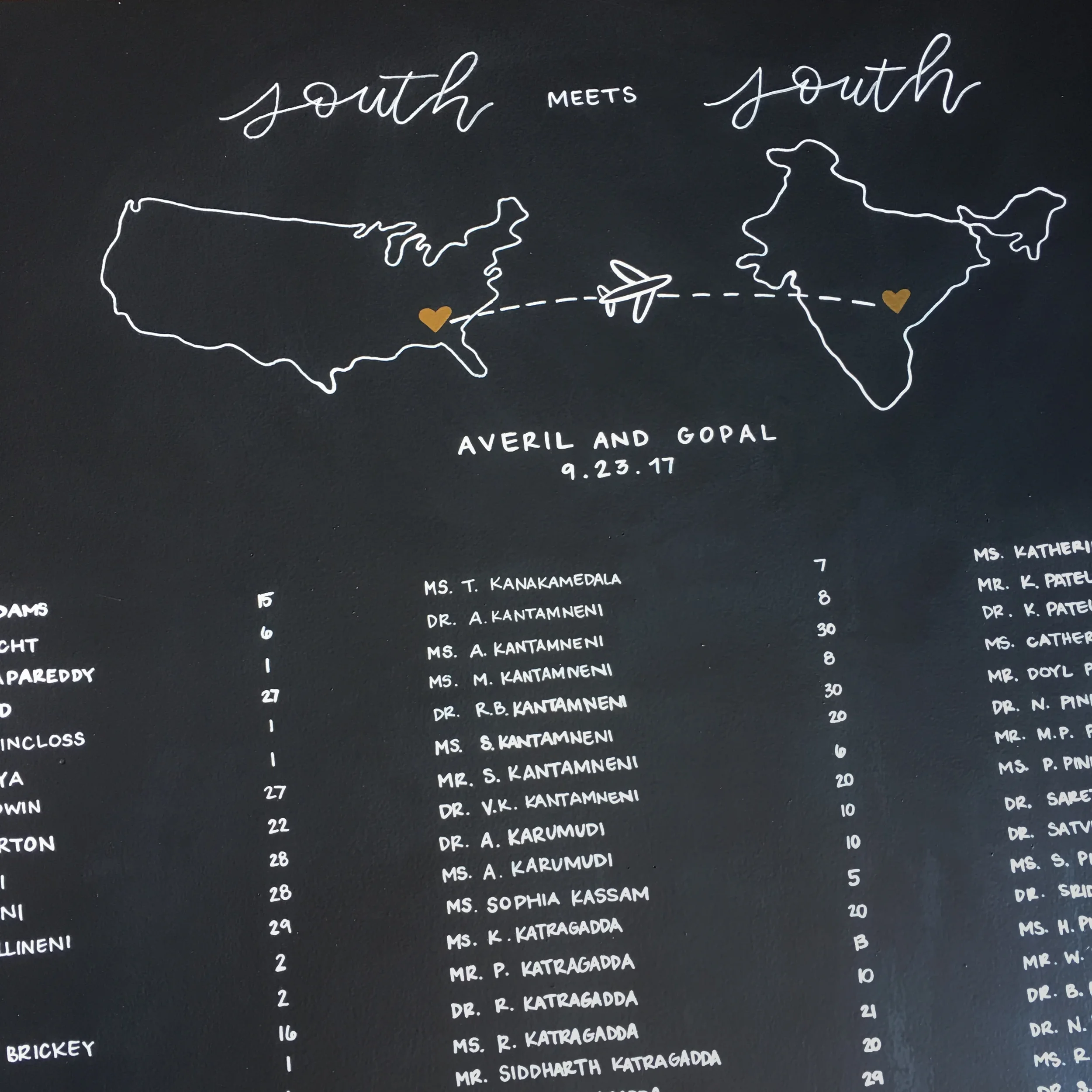 Large black vertical wedding seating chart for love abroad against a white wall with candles.