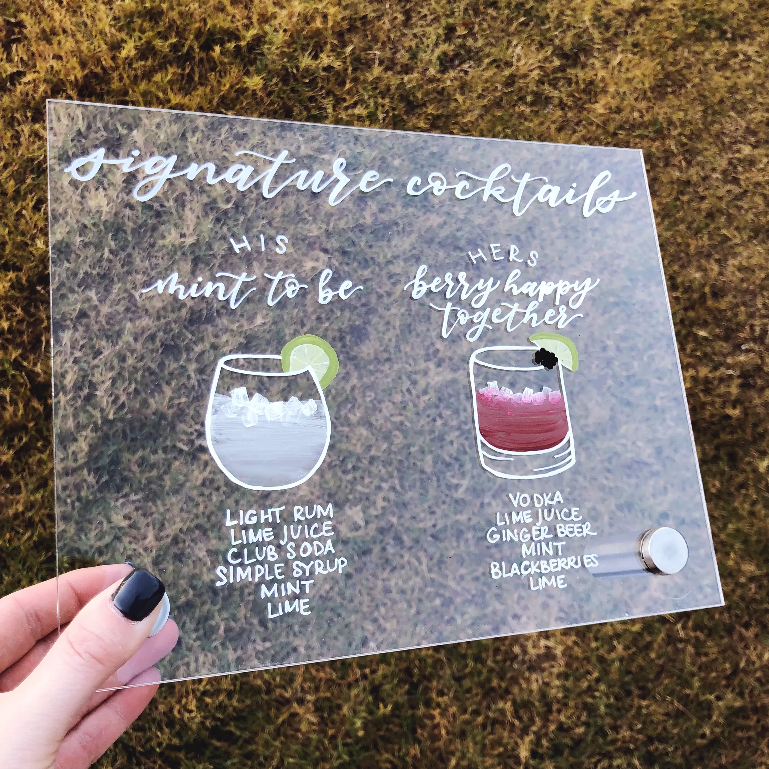 Clear acrylic wedding bar sign with white calligraphy script and custom hand-drawn glass illustrations.