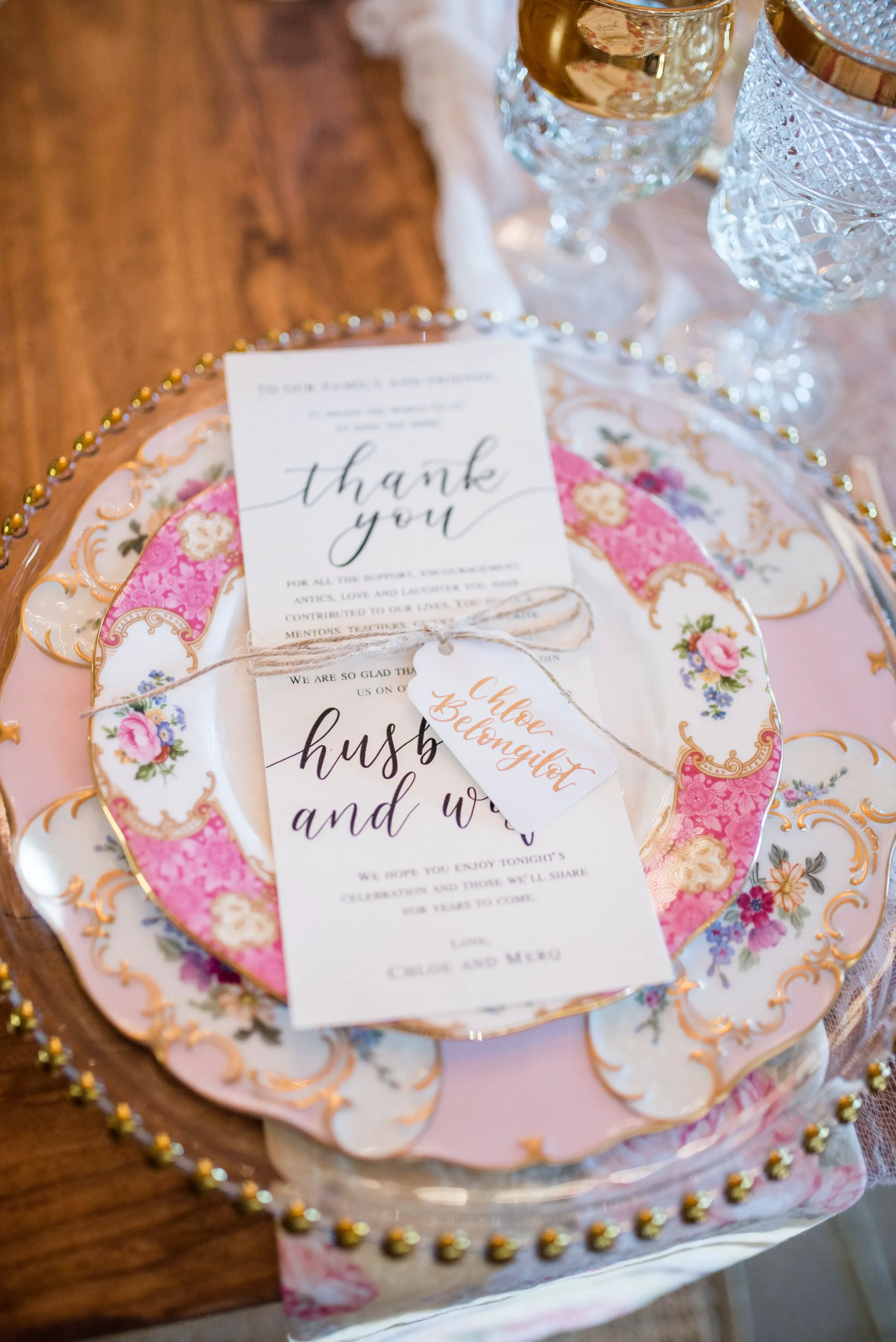 Custom day of wedding reception thank you menu cards with hand-lettered calligraphy name tags.
