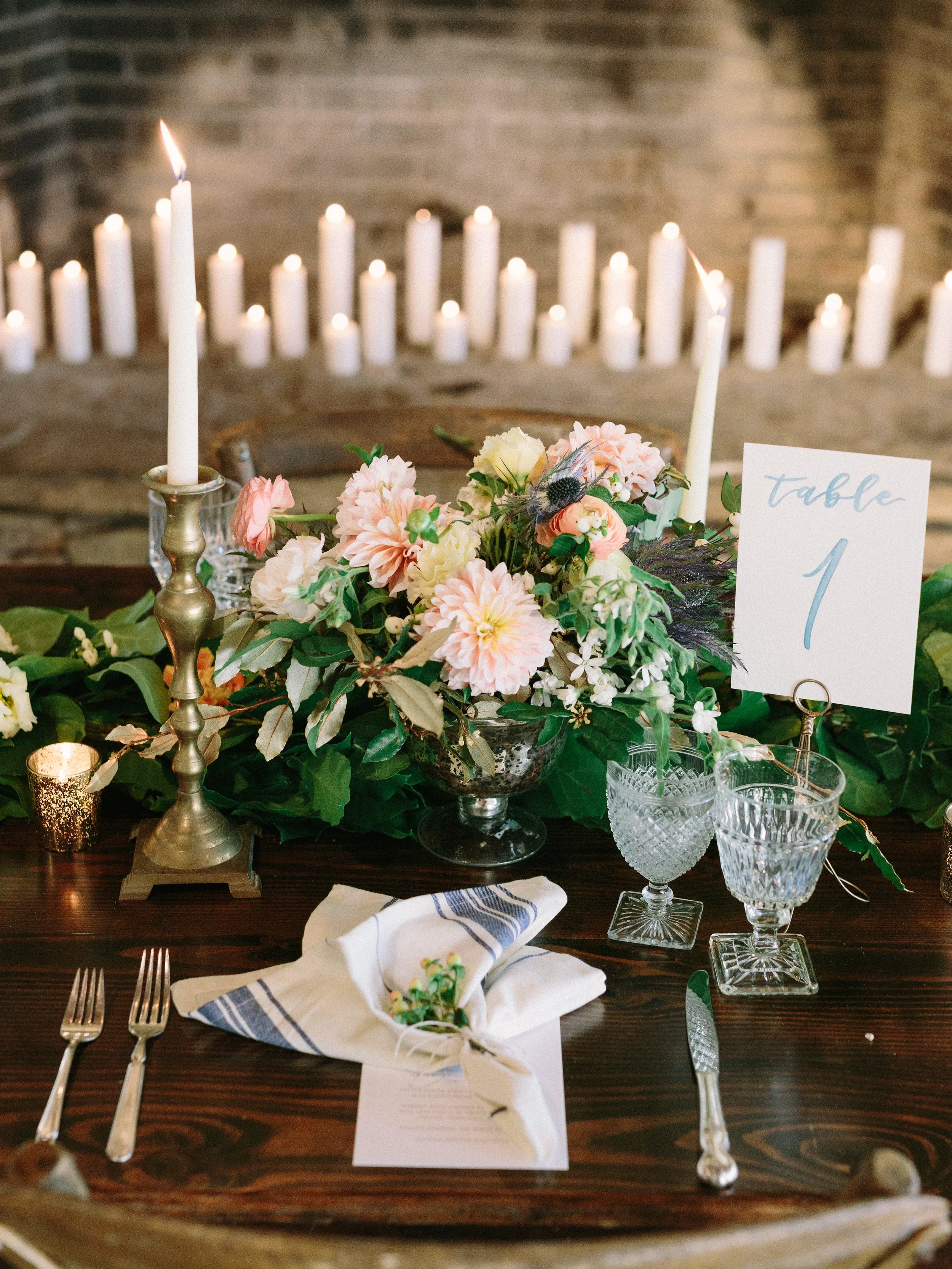 Dusty blue watercolor table number for a romantic rustic table setting.