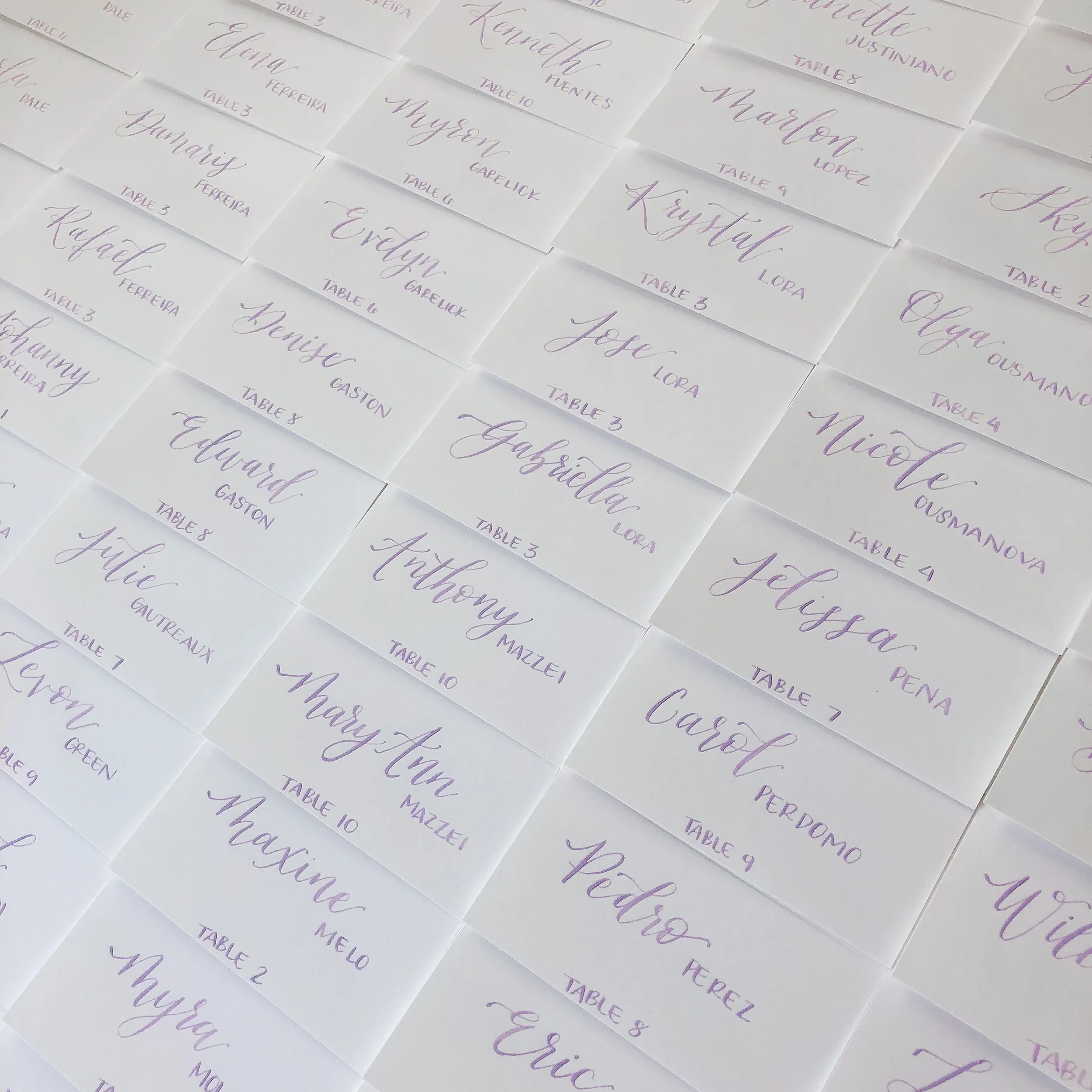 Spread of white paper escort cards hand-lettered with soft lavender purple cursive calligraphy script for wedding table assignments.