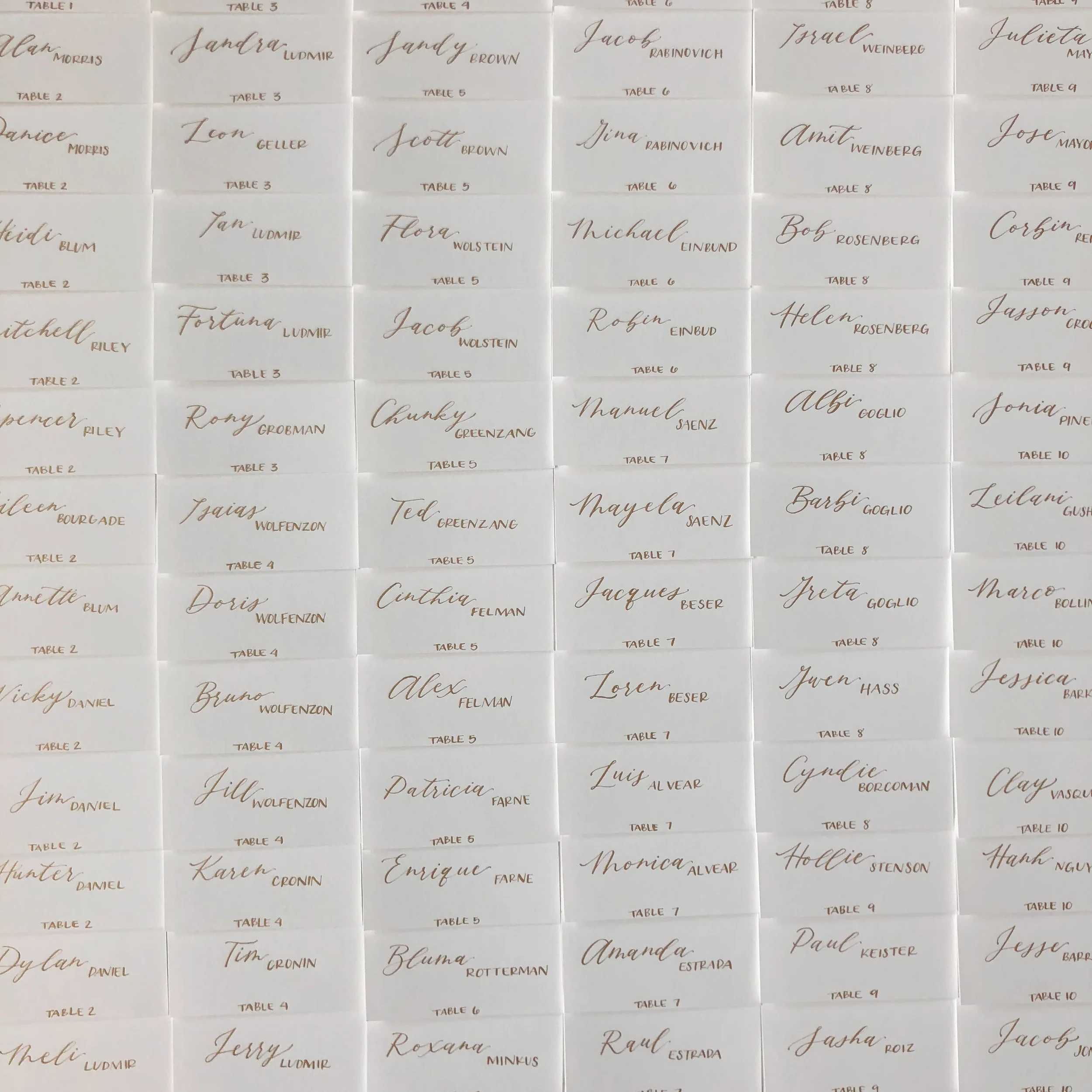 Add warm metallic shine to your guest arrival board with custom white paper escort cards lettered in metallic gold script calaligraphy. Styled in a seamless grid format, these seating cards combine crisp minimalism with an opulent touch for luxury we