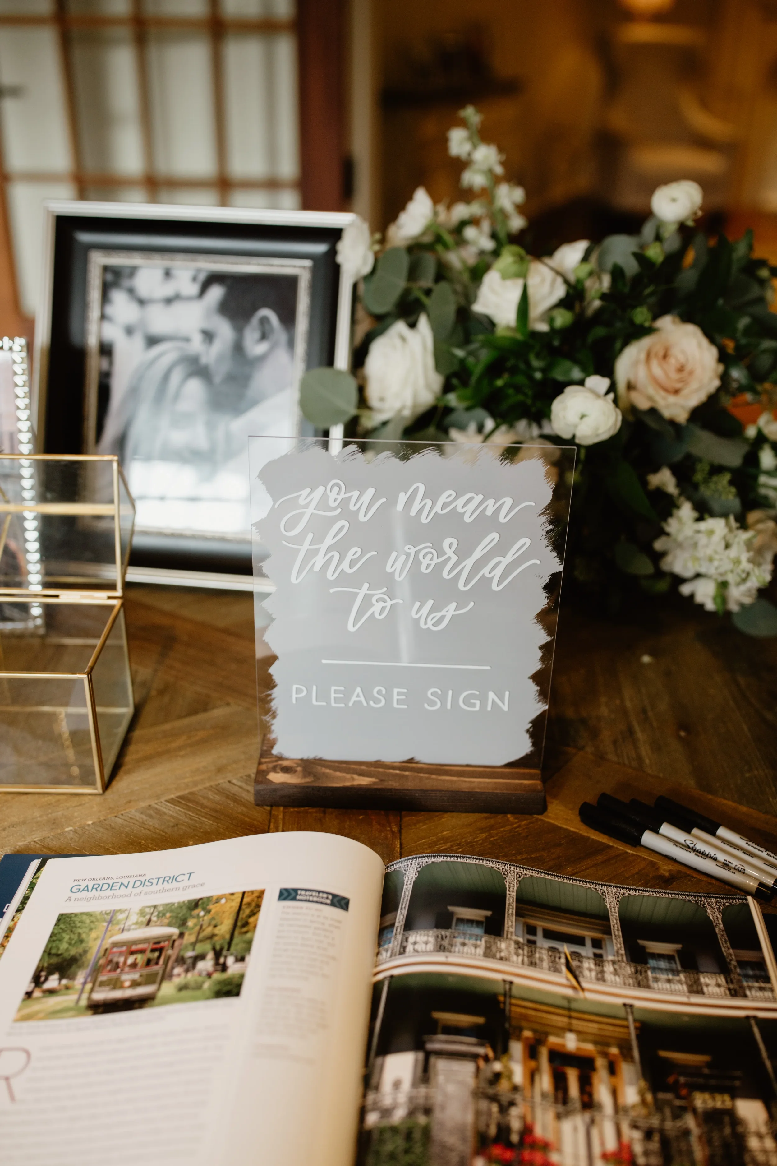Romantic light gray welcome sign for a modern industrial Georgia wedding venue.