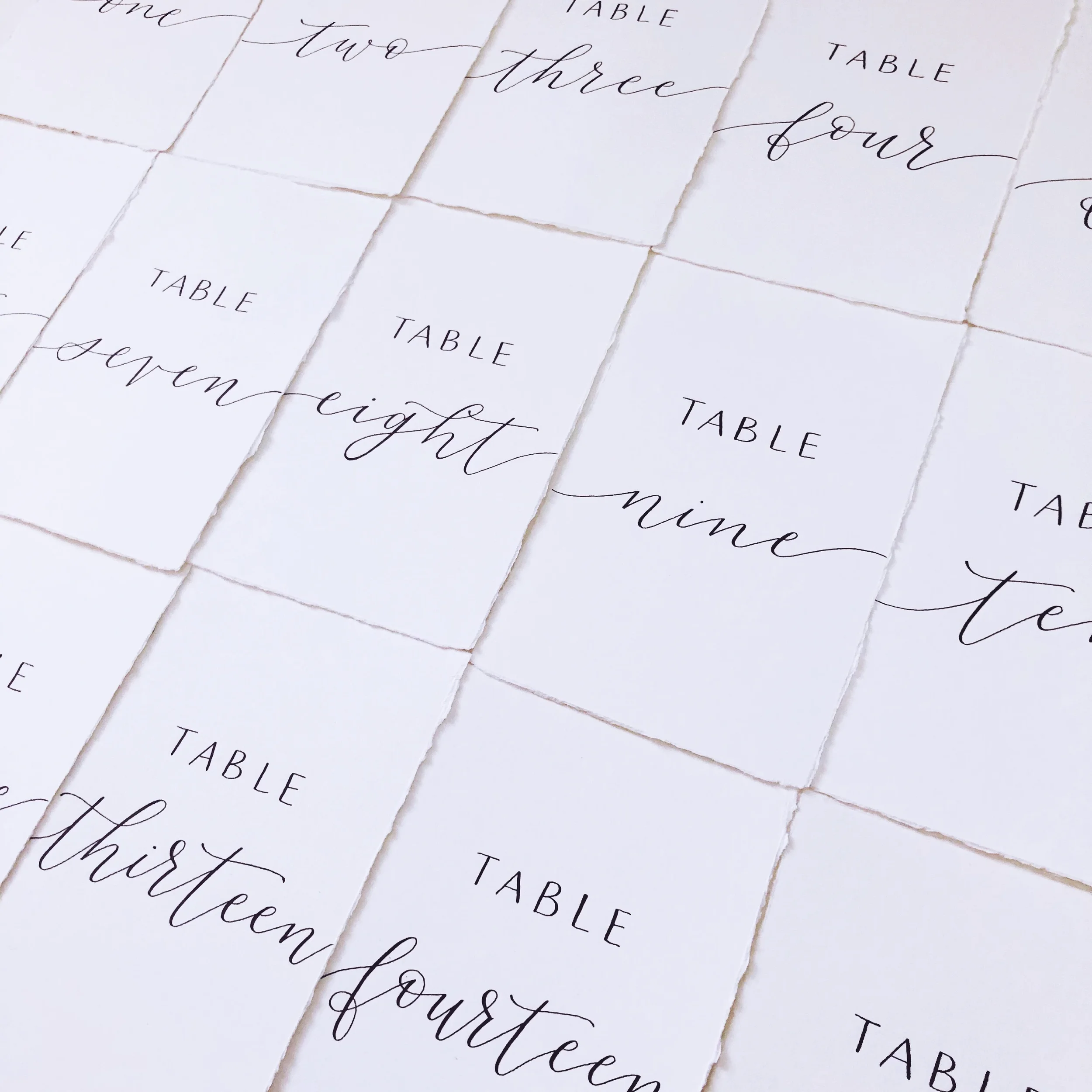 Minimalist deckled-edge paper wedding table numbers written in delicate black calligraphy script.