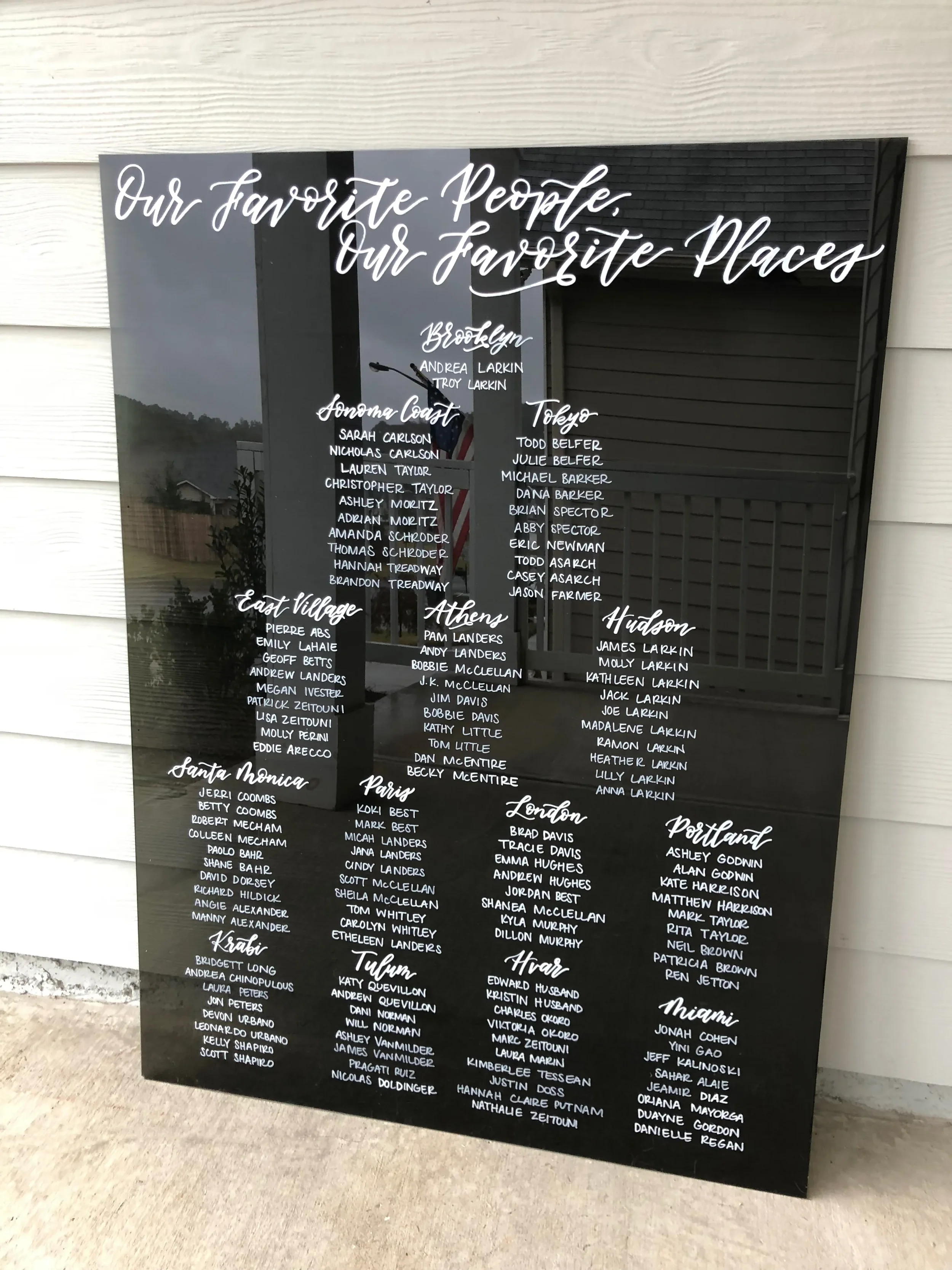 Custom black acrylic "our favorite people" seating chart with bride and grooms "favorite places" as table numbers.