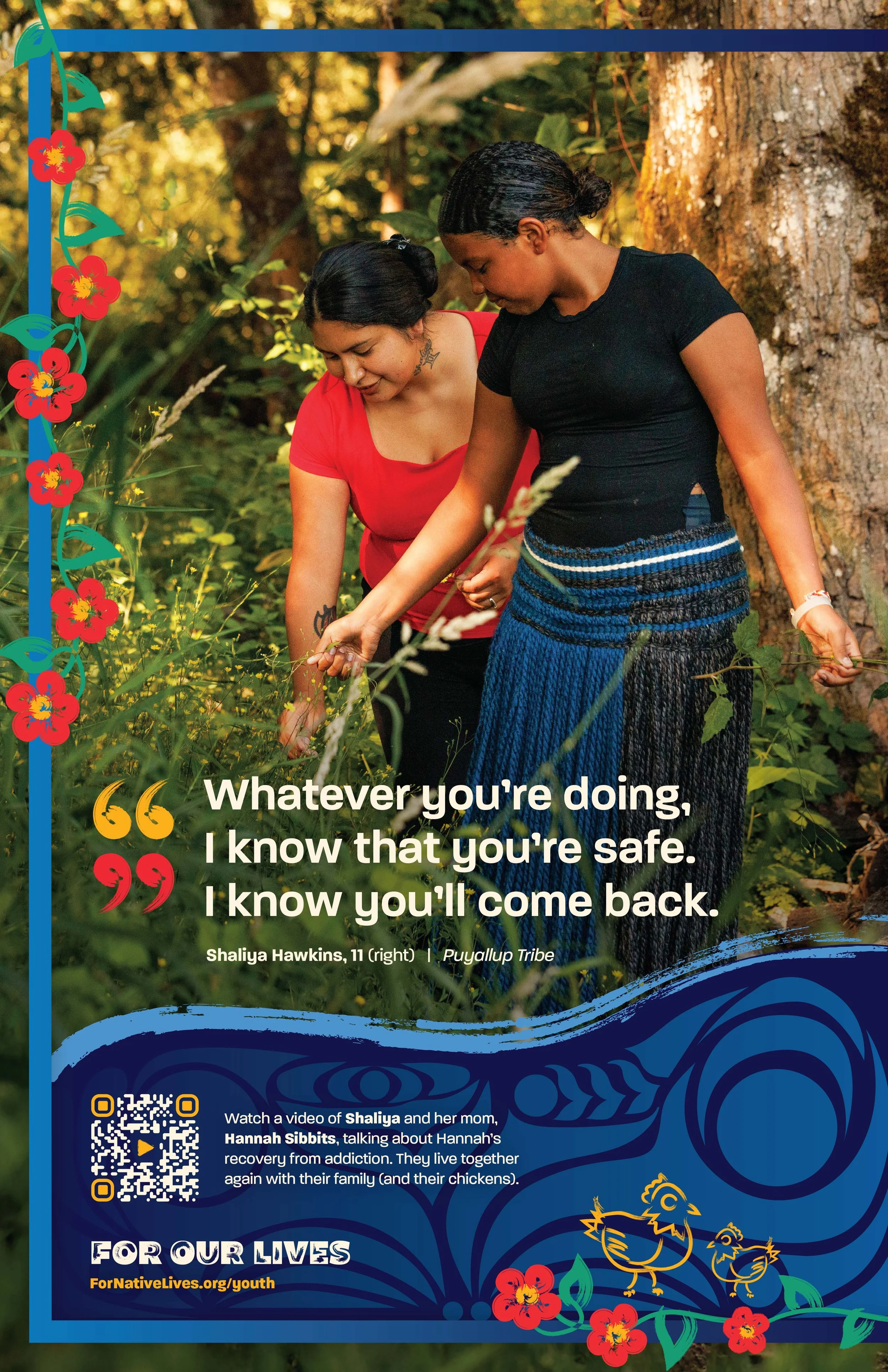 A photograph of two women standing close to each other outdoors among trees. One woman is wearing a black shirt and a blue woven skirt, and the other woman is wearing a red shirt. They appear to be sharing a meaningful moment in a natural setting with warm sunlight filtering through the trees.