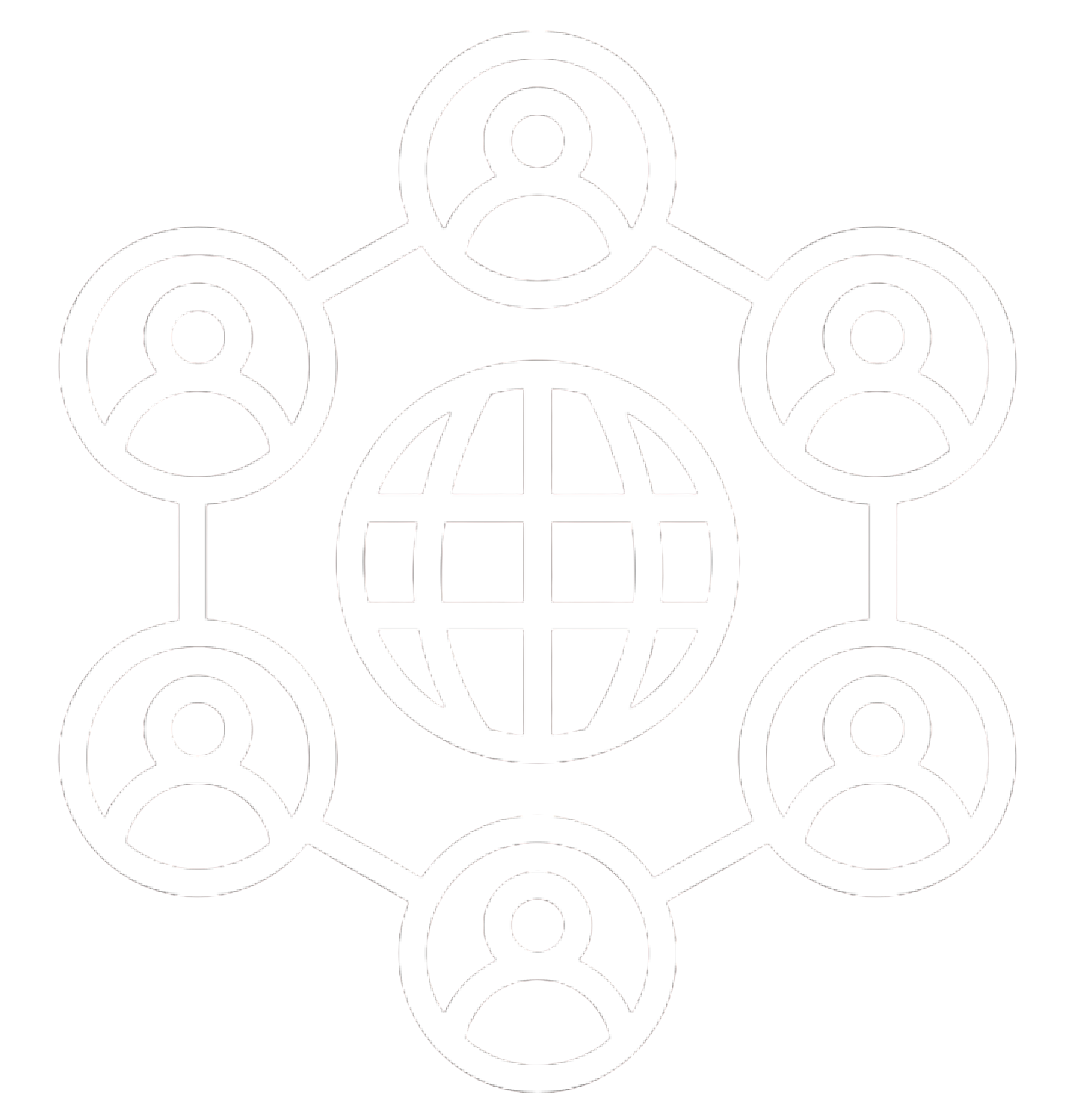 Graphic icon of interconnected people with a globe at the center, representing global social networks or connectivity.
