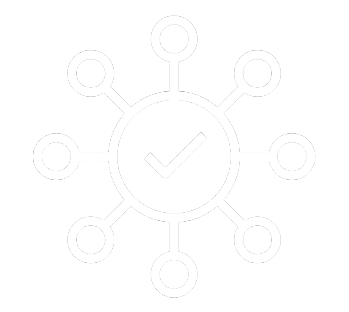 Icon of a check mark inside a circle, with lines extending outward and connecting to smaller circles, representing a network or connected system.