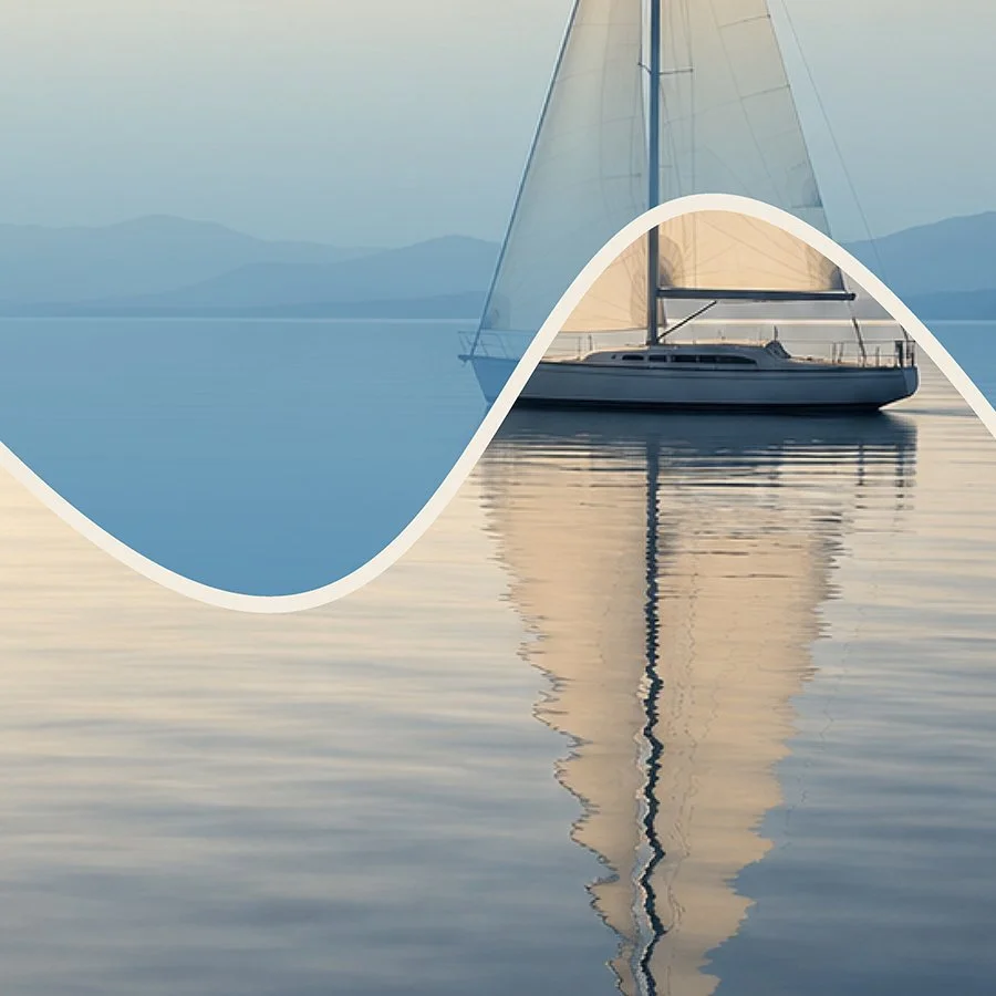 A sailboat on calm water with mountains in the background, and a stylized wave overlay.