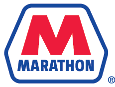 Marathon logo featuring a red letter 'M' with a blue outline and the word 'MARATHON' underneath in blue capital letters.