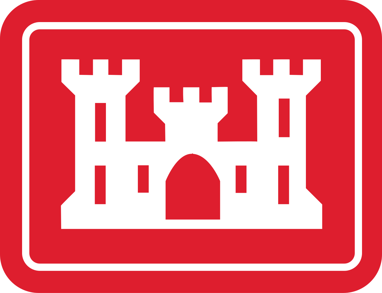 A red square sign with a white castle symbol in the center.