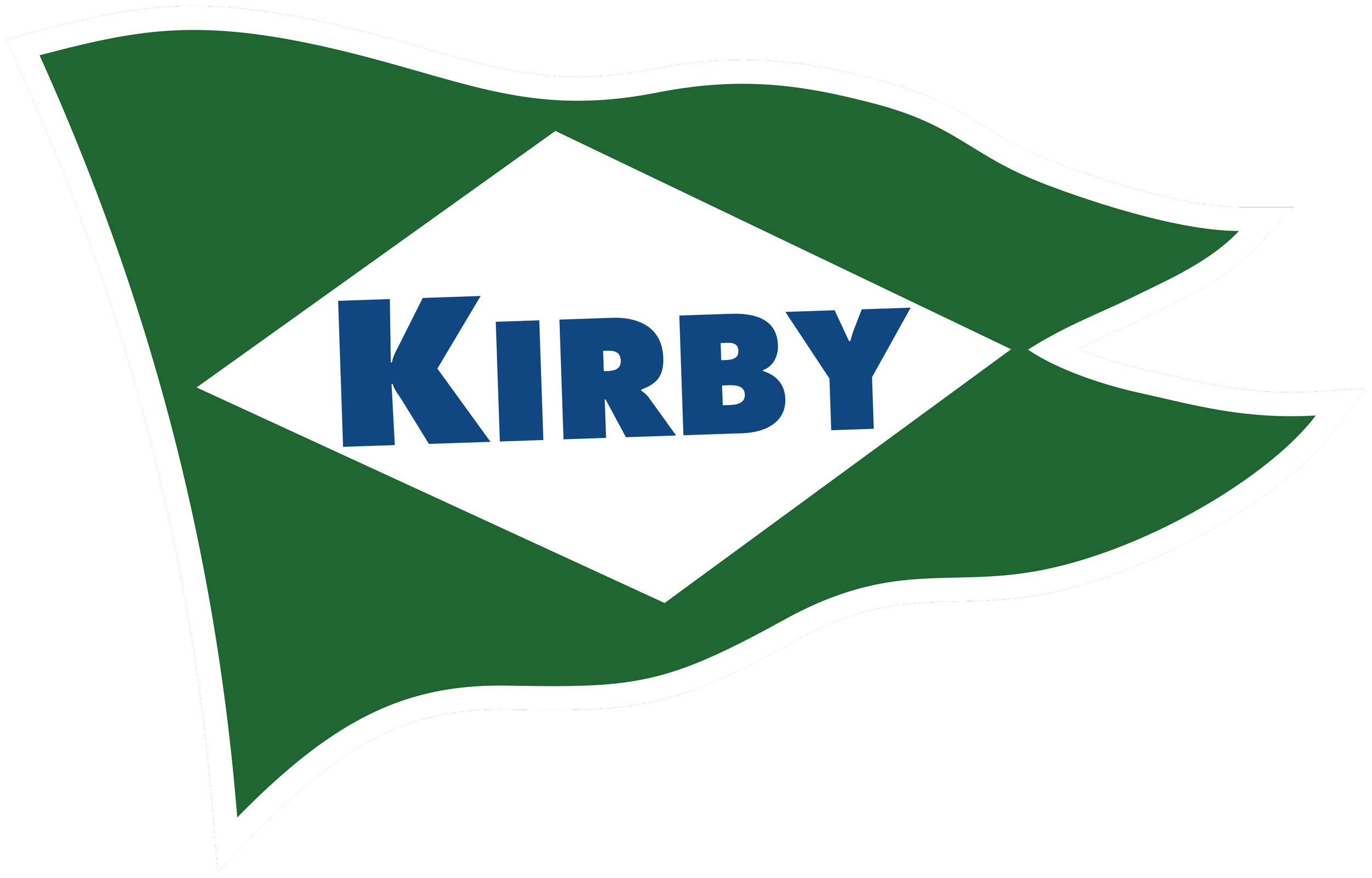 A green waving flag with a white diamond shape in the center containing the blue text ‘KIRBY’.