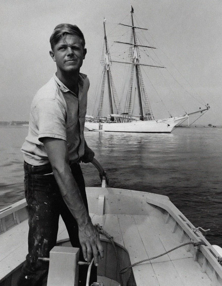 A young man standing on a small boat near a large sailing ship on the water.