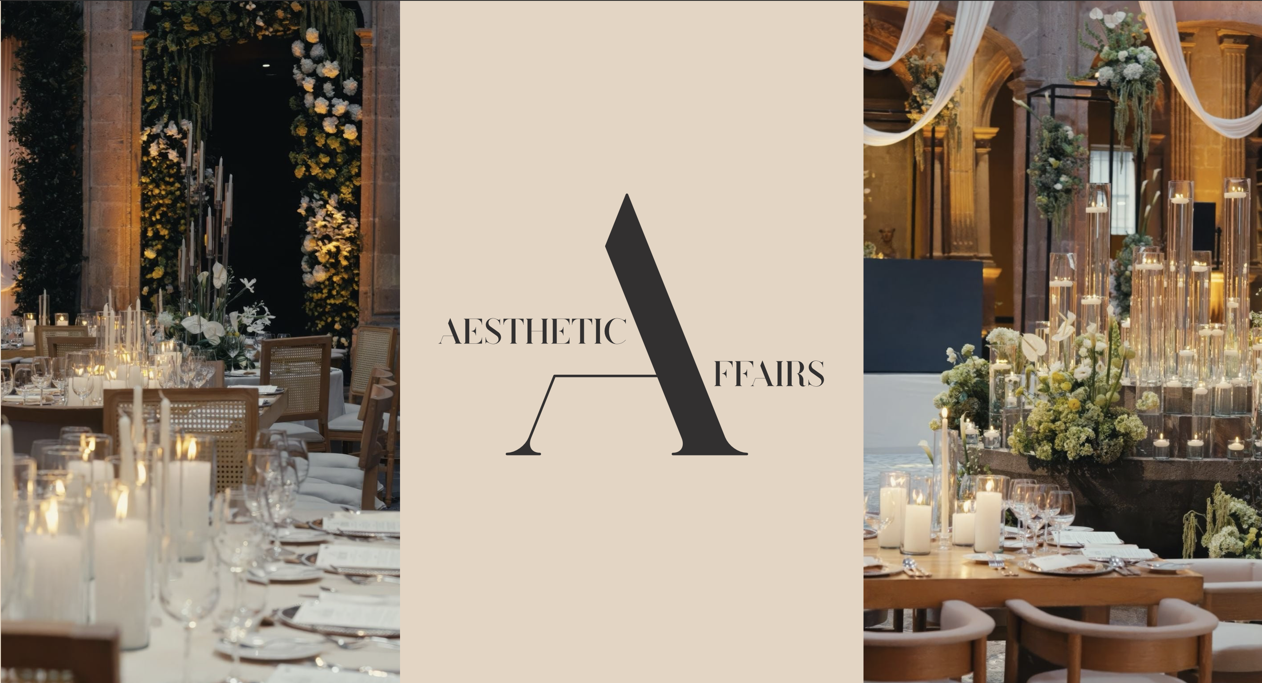 Elegant event space decorated with flowers, candles, and draped fabric for a fair or exhibition.