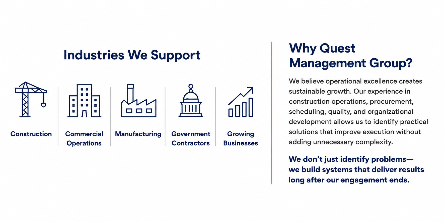Graphic showing industries supported by Quest Management Group, including construction, commercial operations, manufacturing, government contractors, and growing businesses, with a firm explanation of their customer focus on operational excellence and results.